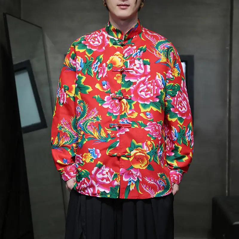 Men's Chinese Style Tang Suit Shirt Retro Oriental Mandarin Collar Blouse with Frog Buttons Autumn Winter Floral Vintage Top 5XL