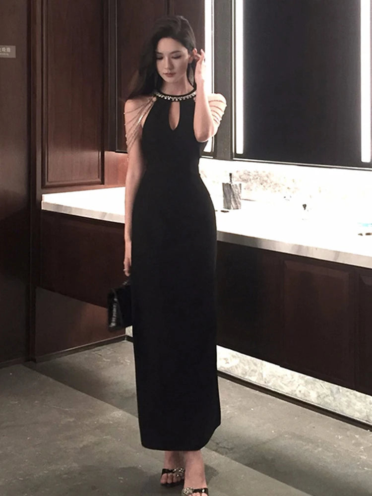 Women Clothes Black Elegant Luxury Hollow Sexy Sleeveless Slim Long Dress Fashion  Evening Party Club Prom Vestidos Robe Summer
