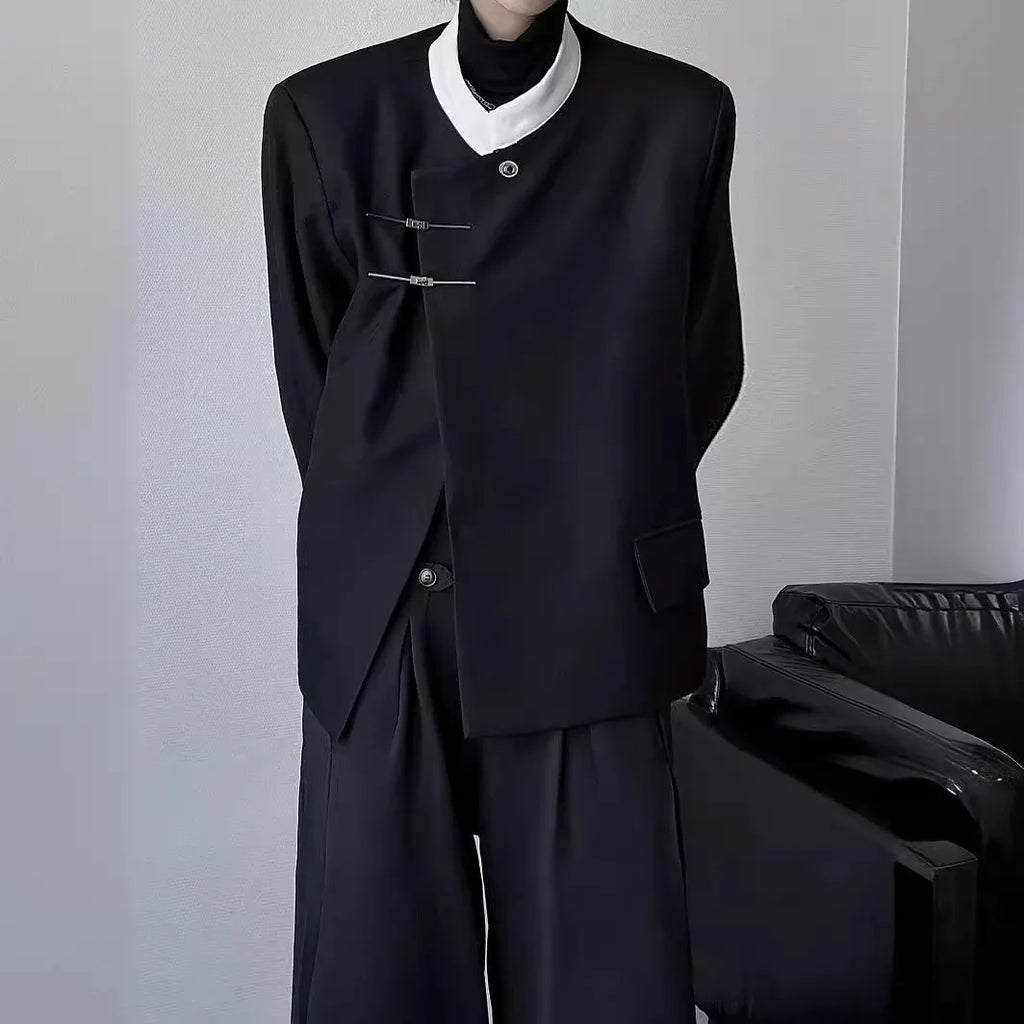 New Chinese Stand-up Collar Shoulder Pad Suit Jacket Autumn Men and Women Trendy Metal Buckle Casual
