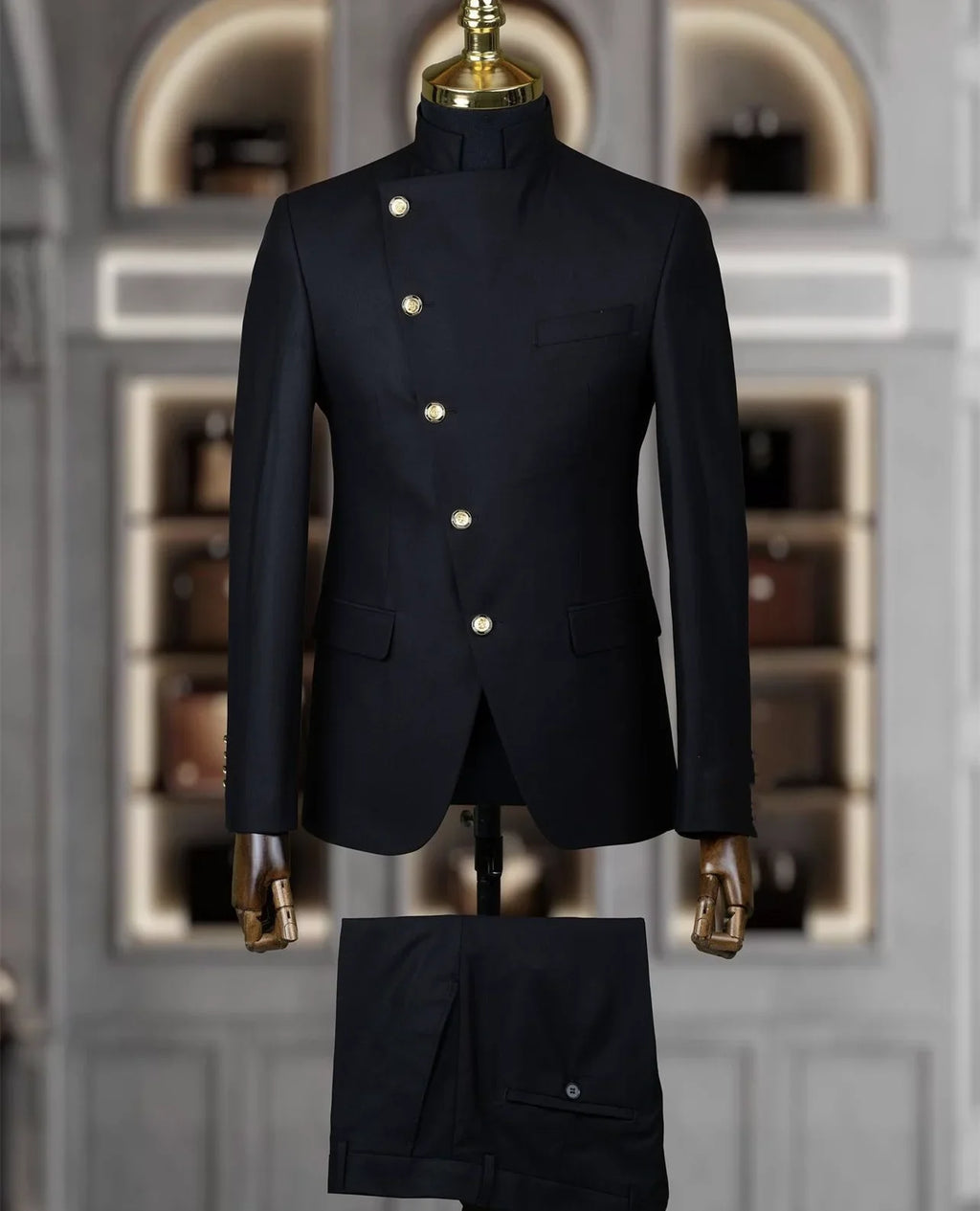 Fashion Stand Collar Men Suits 2 Piece Formal Single Breasted Smart Casual Outfits Solid Color Chic Wedding Party Slim Male Suit