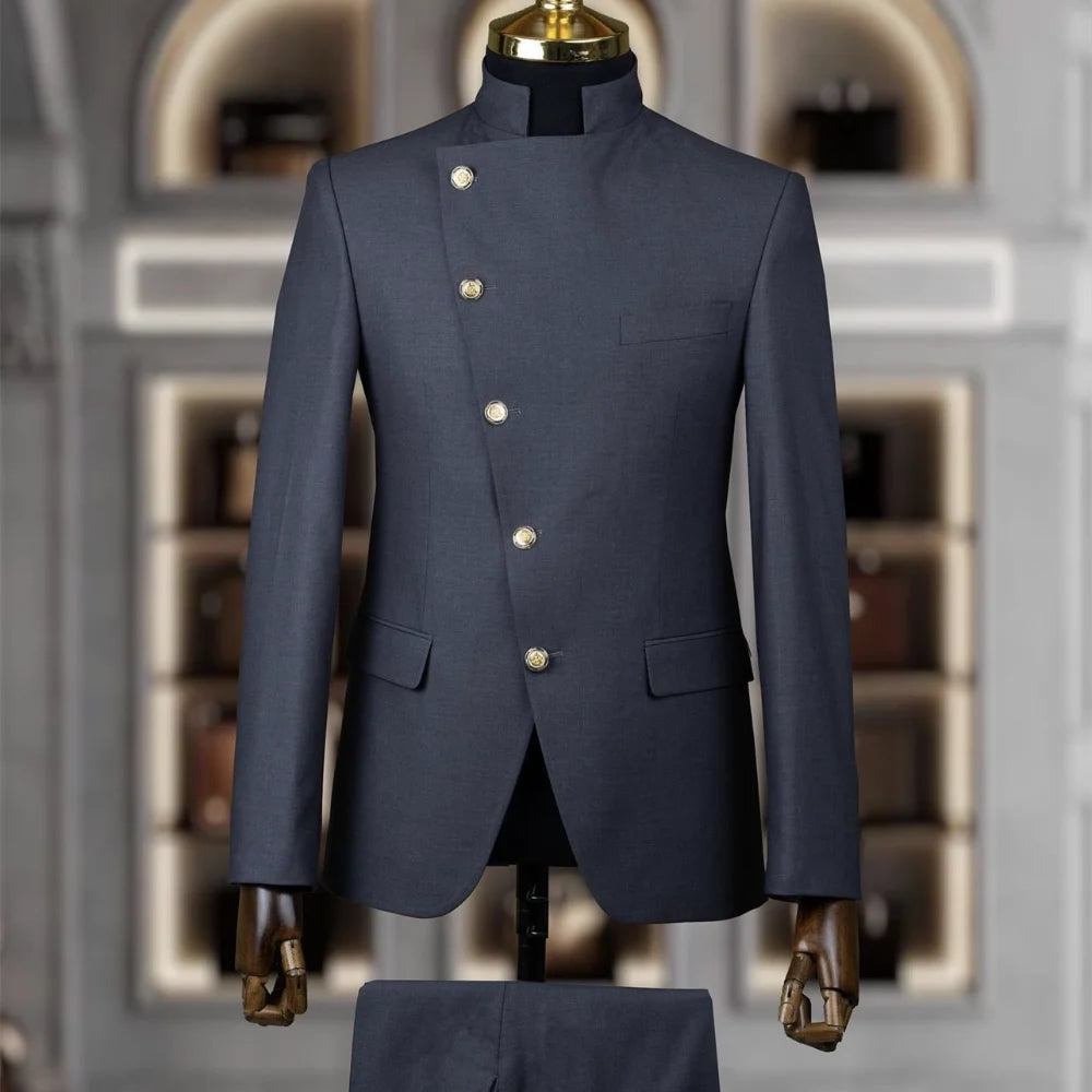 Fashion Stand Collar Men Suits 2 Piece Formal Single Breasted Smart Casual Outfits Solid Color Chic Wedding Party Slim Male Suit