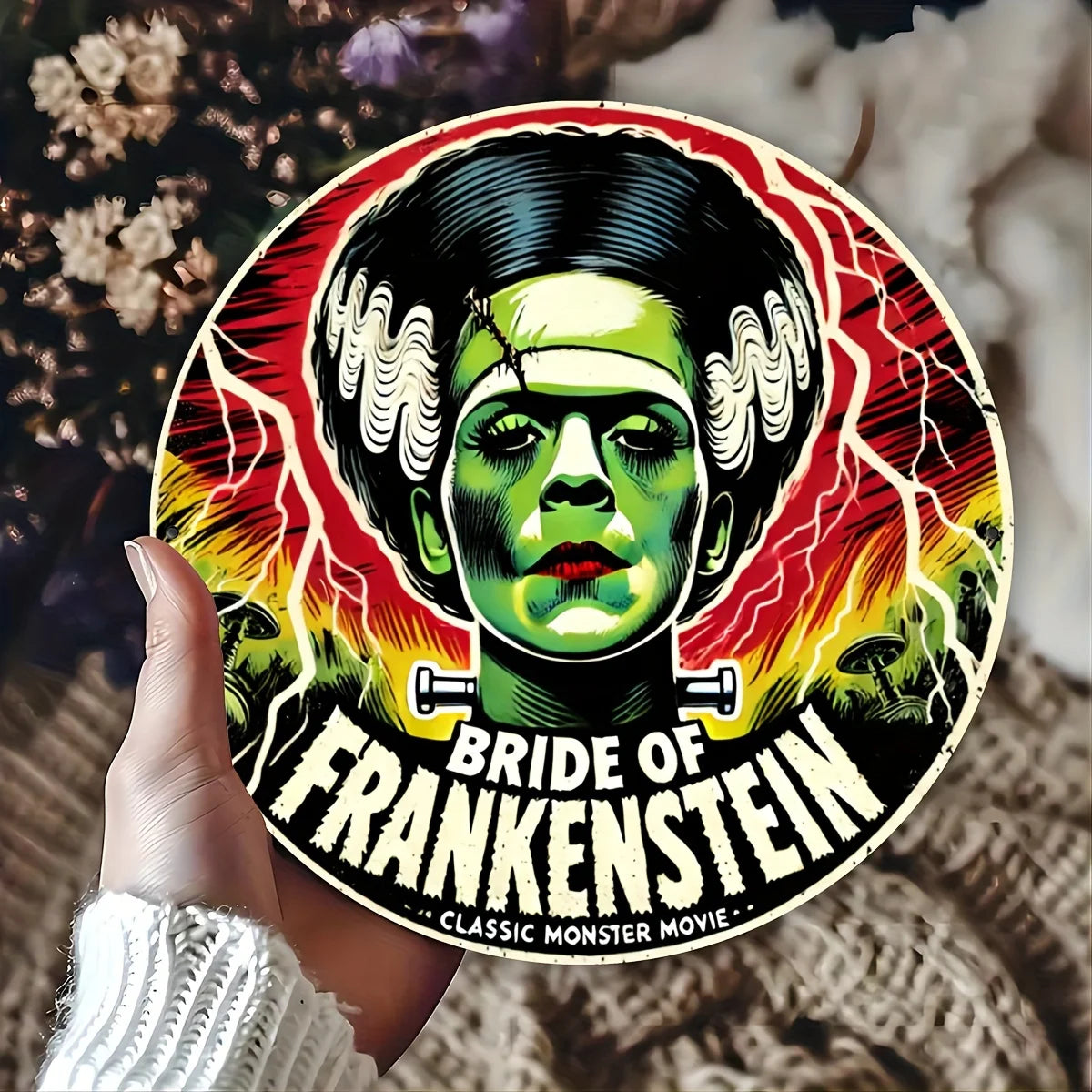 "Vintage 'Bride of Frankenstein' Aluminum Sign - 7.8x7.8in Retro Wall Art for Home, Room, Bar, Garage Decor"