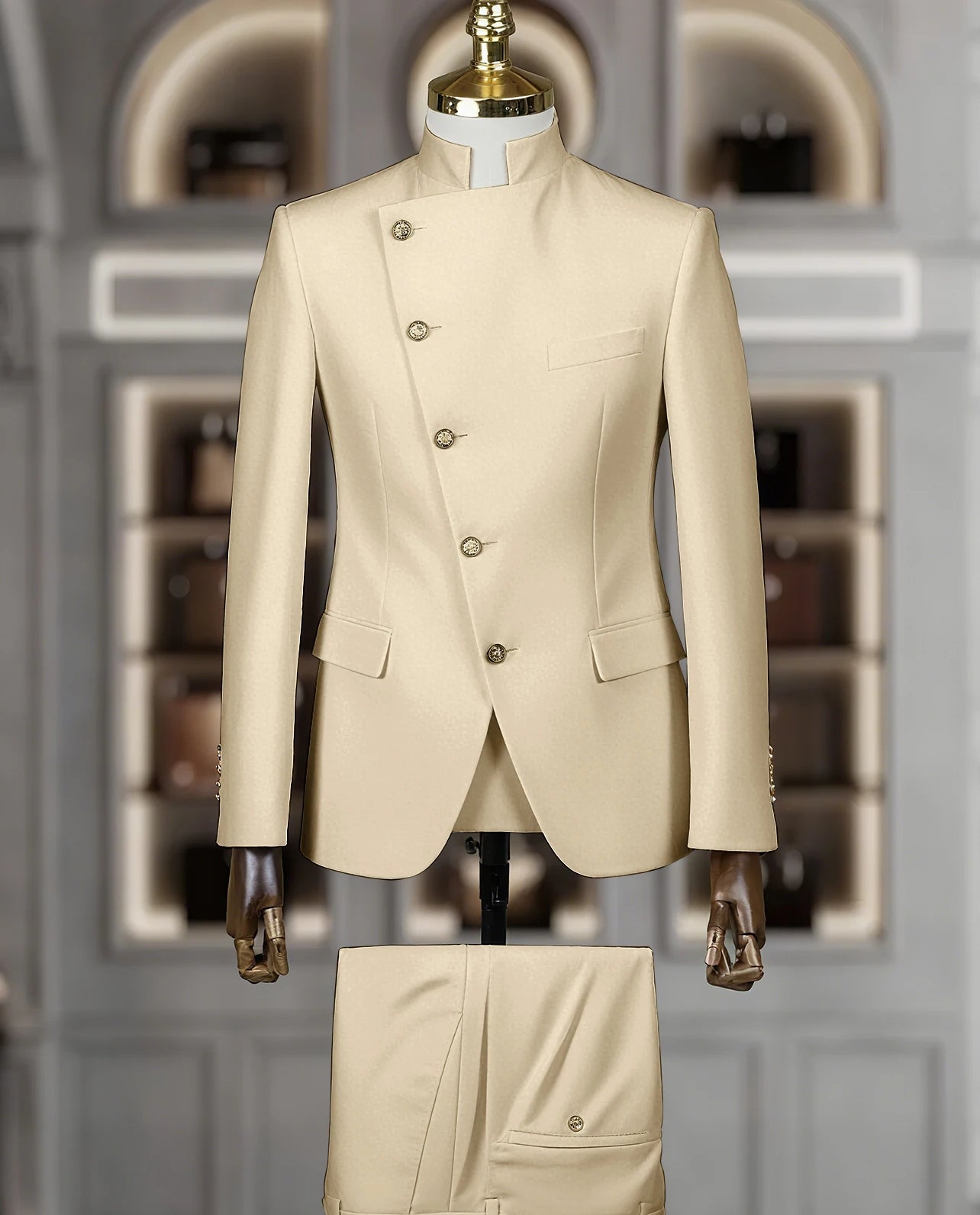 Fashion Stand Collar Men Suits 2 Piece Formal Single Breasted Smart Casual Outfits Solid Color Chic Wedding Party Slim Male Suit