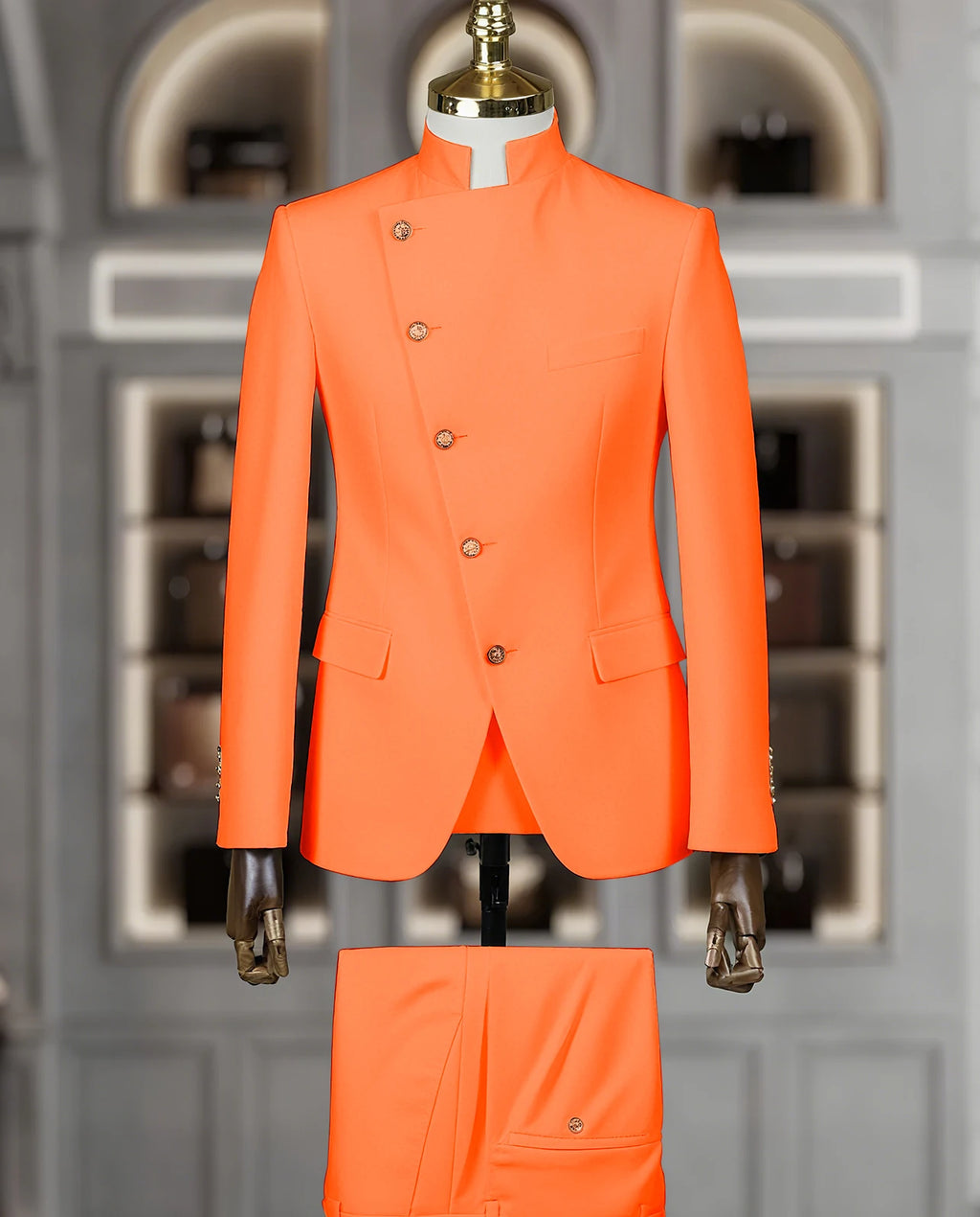 Fashion Stand Collar Men Suits 2 Piece Formal Single Breasted Smart Casual Outfits Solid Color Chic Wedding Party Slim Male Suit