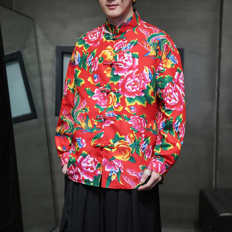 Men's Chinese Style Tang Suit Shirt Retro Oriental Mandarin Collar Blouse with Frog Buttons Autumn Winter Floral Vintage Top 5XL