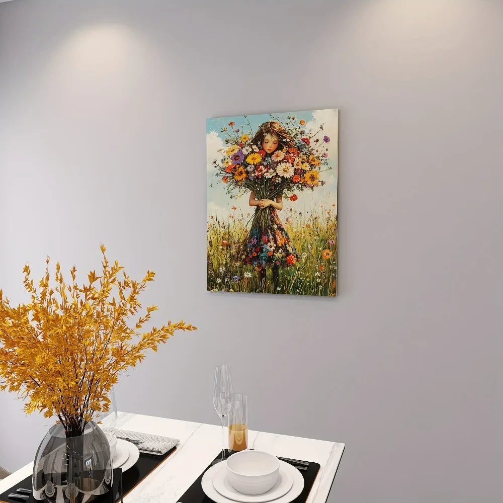 1 Wood frame canvas painting, girl holding flowers, suitable for bedroom, living room, home office, 1.5 "thick solid wood frame