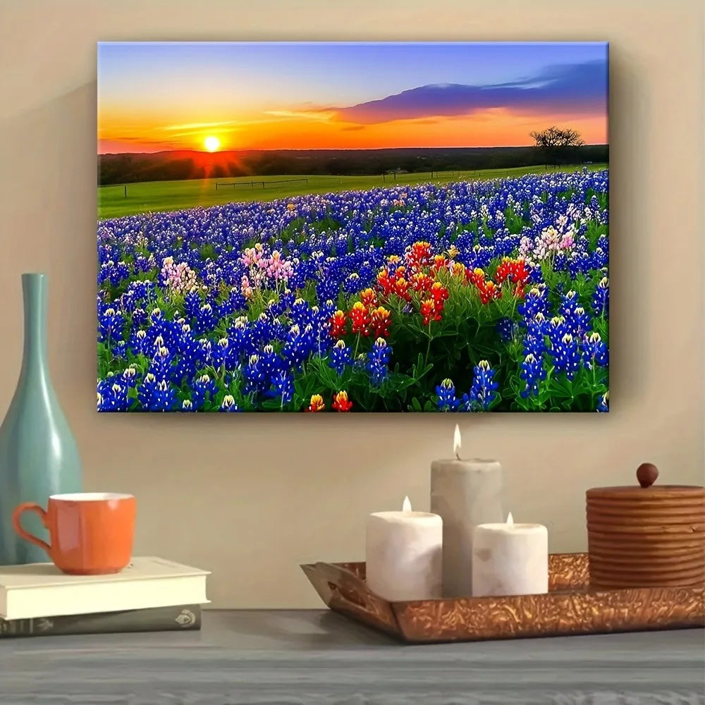 1.5 "thick pine frame Blue lily sunset canvas art, vibrant wildflower landscape wall decoration,suitable for interior decoration