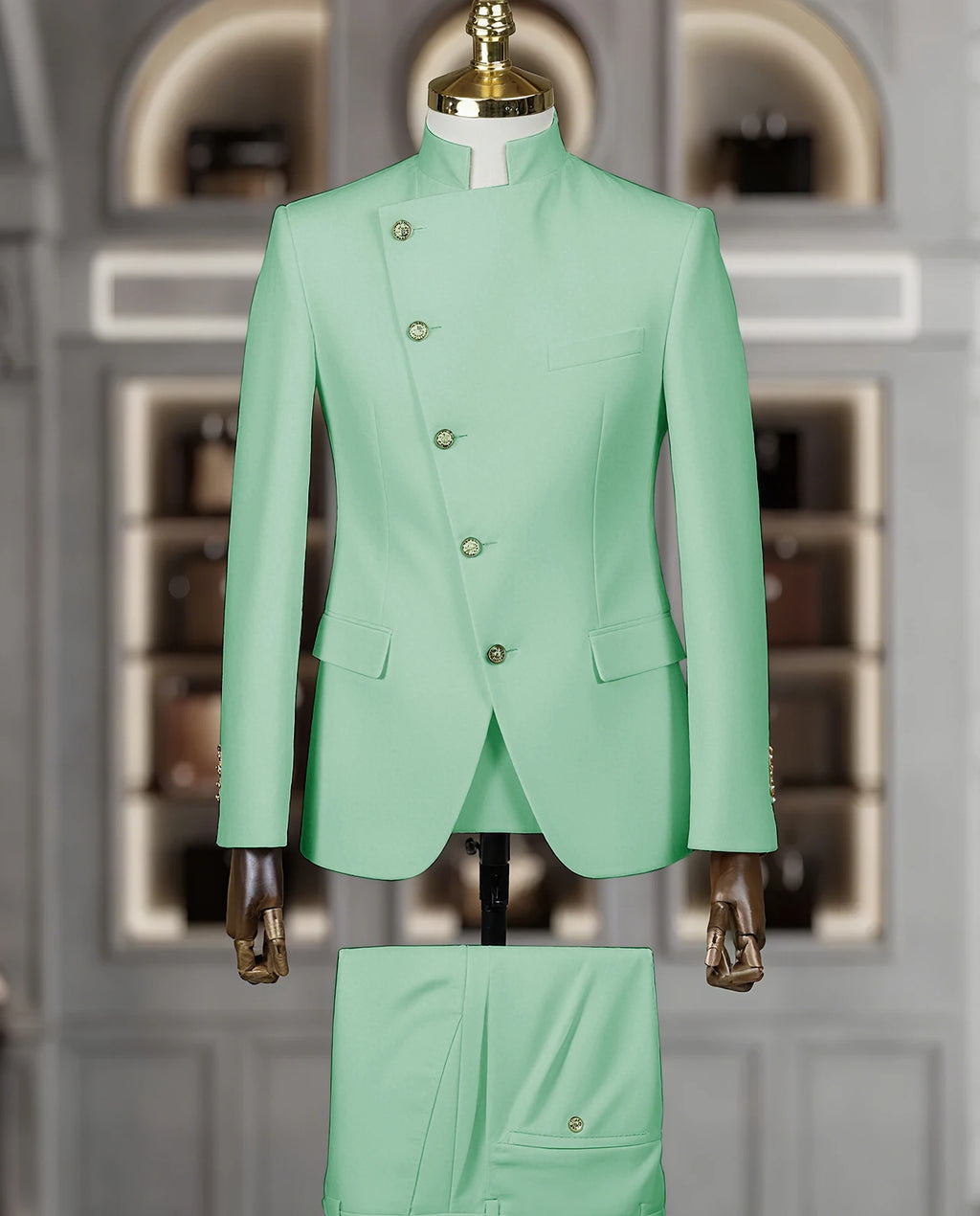 Fashion Stand Collar Men Suits 2 Piece Formal Single Breasted Smart Casual Outfits Solid Color Chic Wedding Party Slim Male Suit