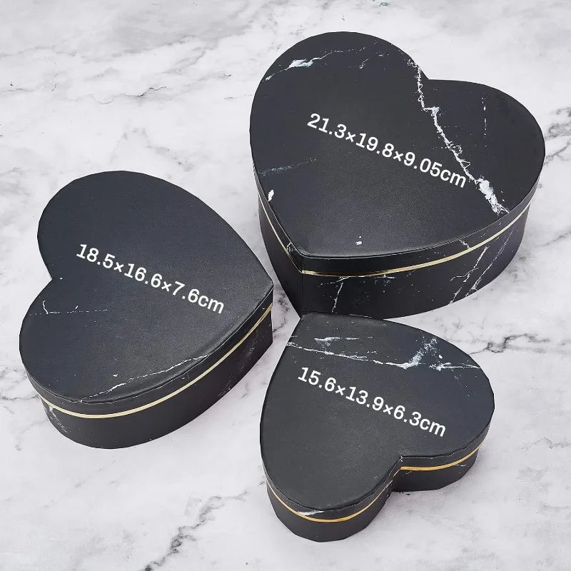 3 Mixed Size Black Heart-Shape Marble Cardboard Boxes Treat Favor Gift Box for Thanksgiving Valentine's Day Wedding - Black