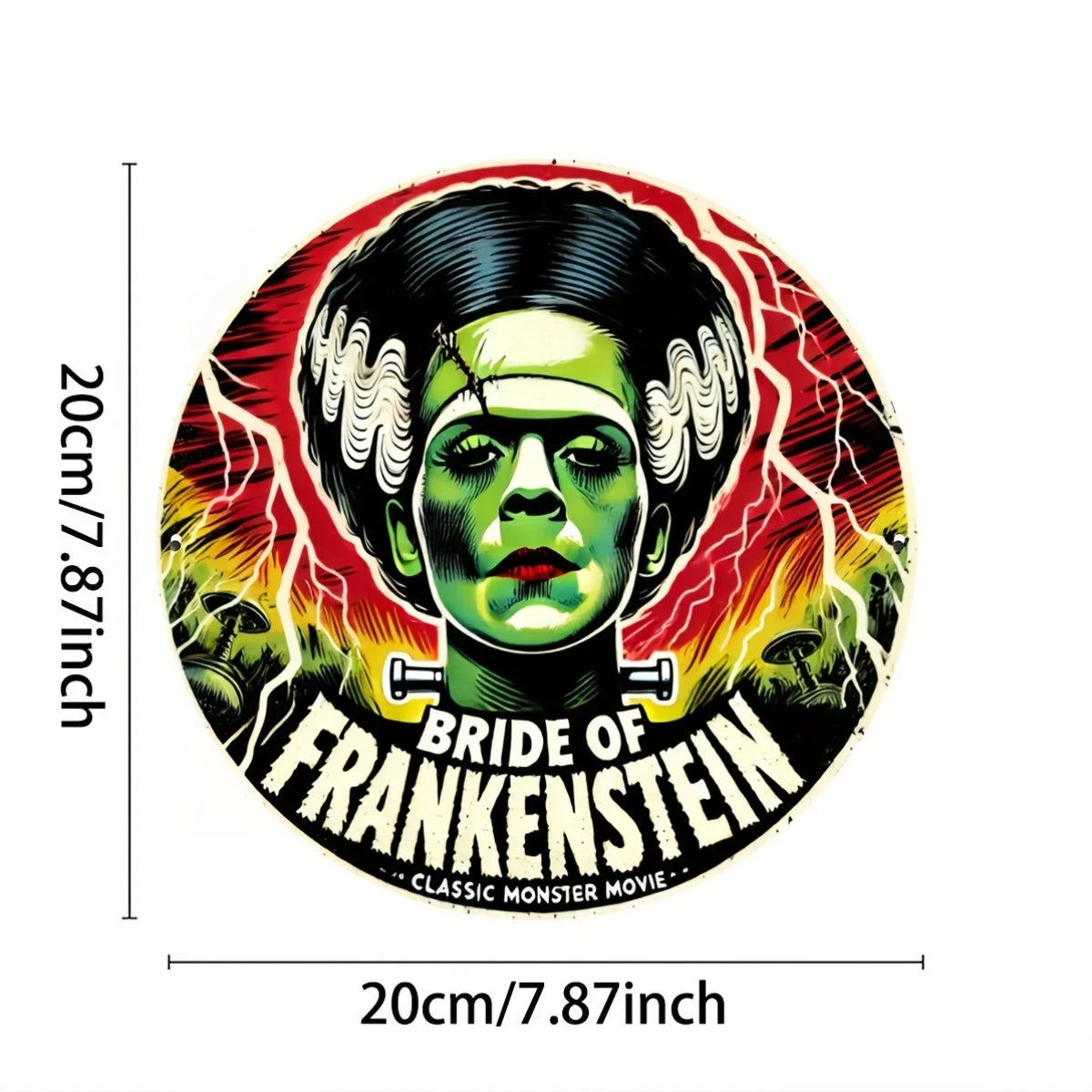 "Vintage 'Bride of Frankenstein' Aluminum Sign - 7.8x7.8in Retro Wall Art for Home, Room, Bar, Garage Decor"