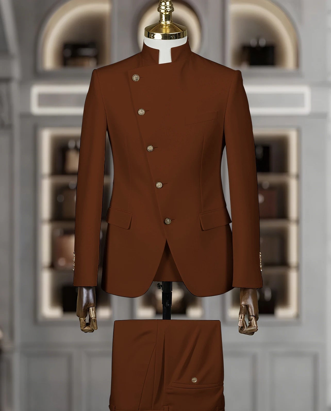 Fashion Stand Collar Men Suits 2 Piece Formal Single Breasted Smart Casual Outfits Solid Color Chic Wedding Party Slim Male Suit