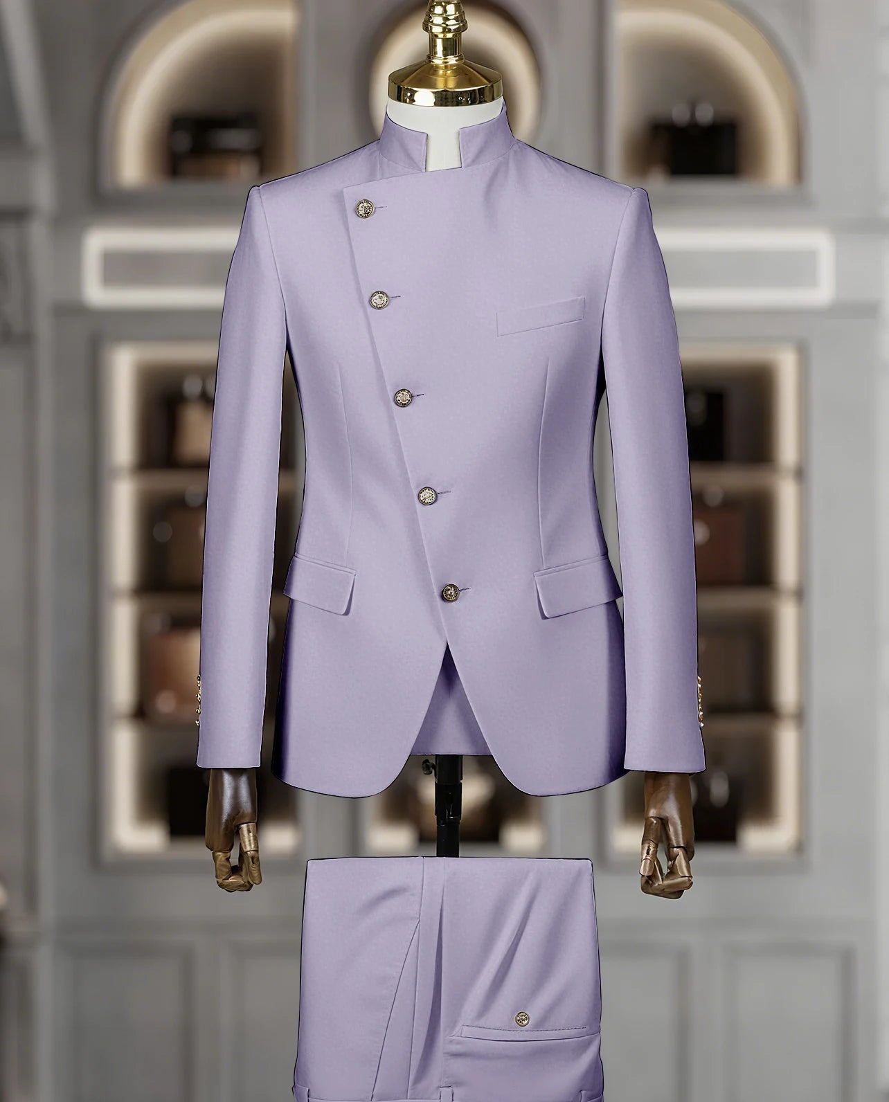 Fashion Stand Collar Men Suits 2 Piece Formal Single Breasted Smart Casual Outfits Solid Color Chic Wedding Party Slim Male Suit