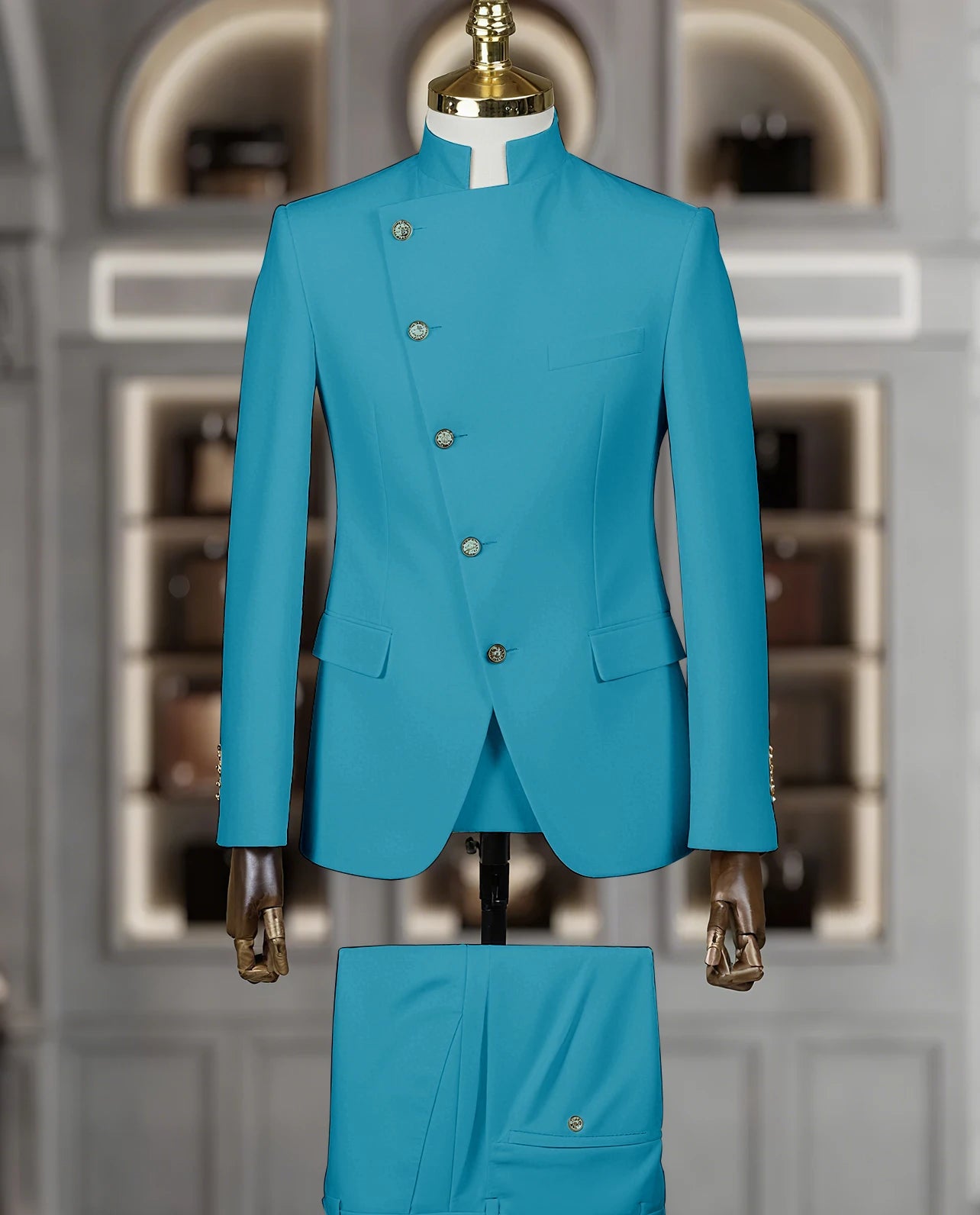 Fashion Stand Collar Men Suits 2 Piece Formal Single Breasted Smart Casual Outfits Solid Color Chic Wedding Party Slim Male Suit