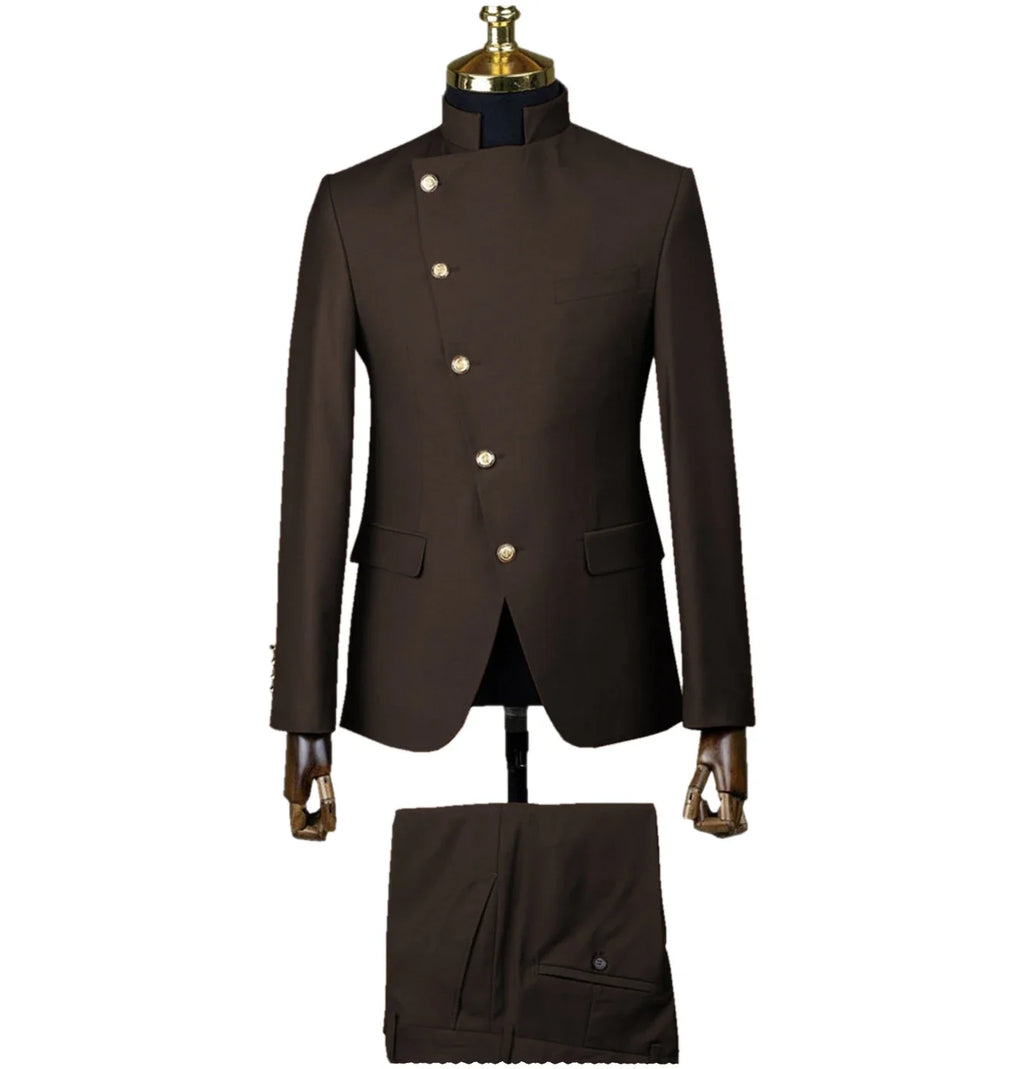 Fashion Stand Collar Men Suits 2 Piece Formal Single Breasted Smart Casual Outfits Solid Color Chic Wedding Party Slim Male Suit