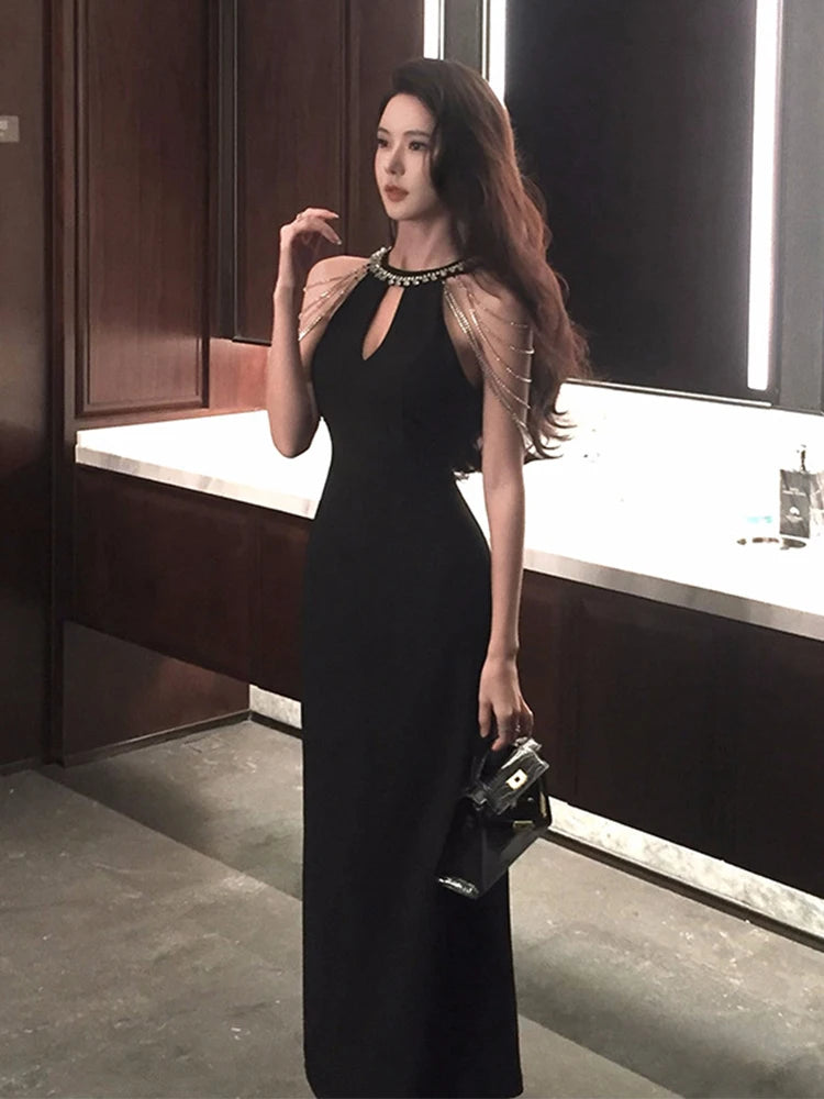 Women Clothes Black Elegant Luxury Hollow Sexy Sleeveless Slim Long Dress Fashion  Evening Party Club Prom Vestidos Robe Summer