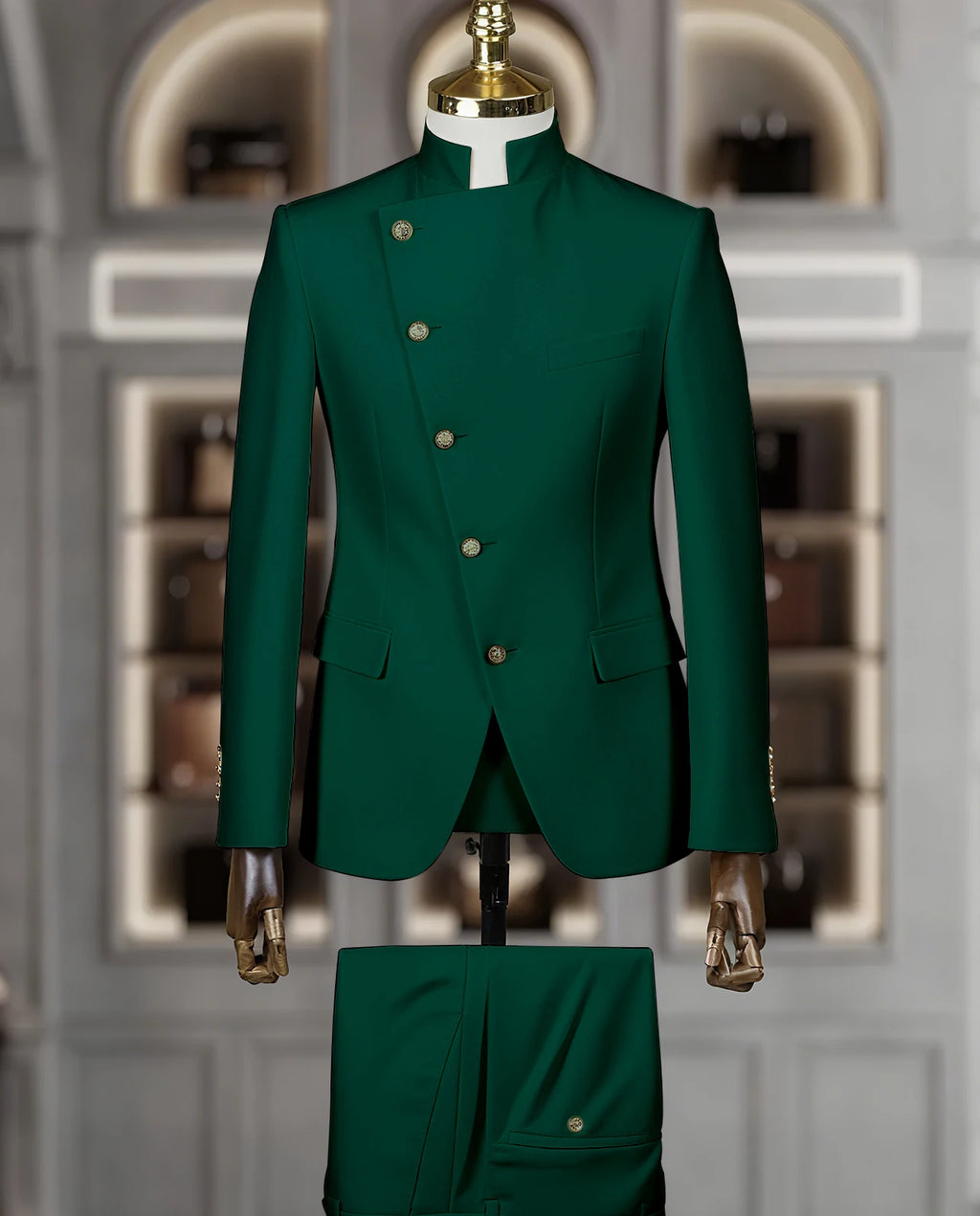 Fashion Stand Collar Men Suits 2 Piece Formal Single Breasted Smart Casual Outfits Solid Color Chic Wedding Party Slim Male Suit