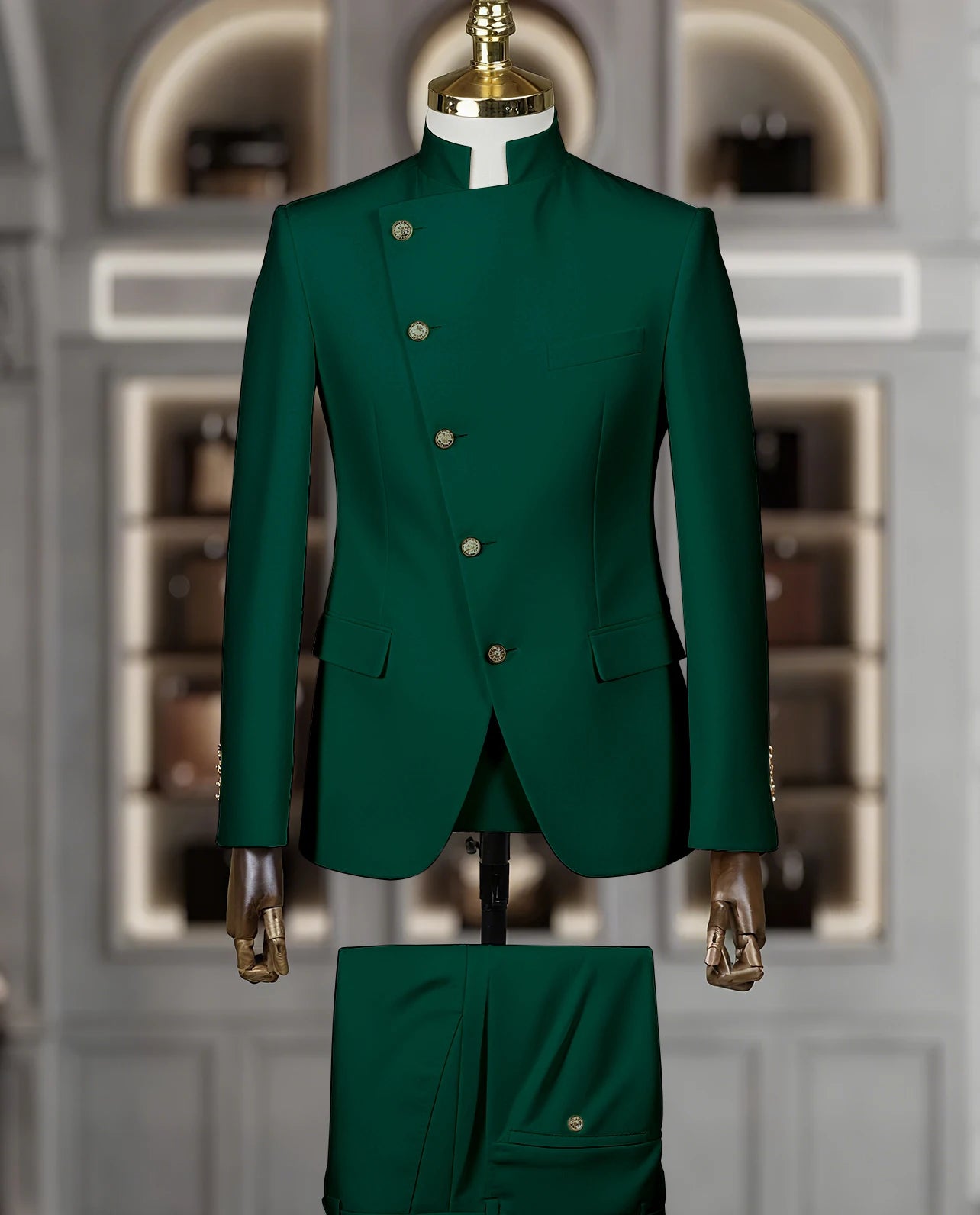 Fashion Stand Collar Men Suits 2 Piece Formal Single Breasted Smart Casual Outfits Solid Color Chic Wedding Party Slim Male Suit