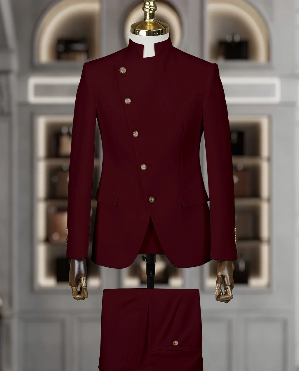 Fashion Stand Collar Men Suits 2 Piece Formal Single Breasted Smart Casual Outfits Solid Color Chic Wedding Party Slim Male Suit