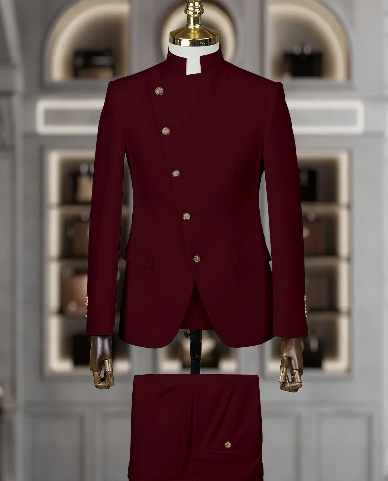 Fashion Stand Collar Men Suits 2 Piece Formal Single Breasted Smart Casual Outfits Solid Color Chic Wedding Party Slim Male Suit