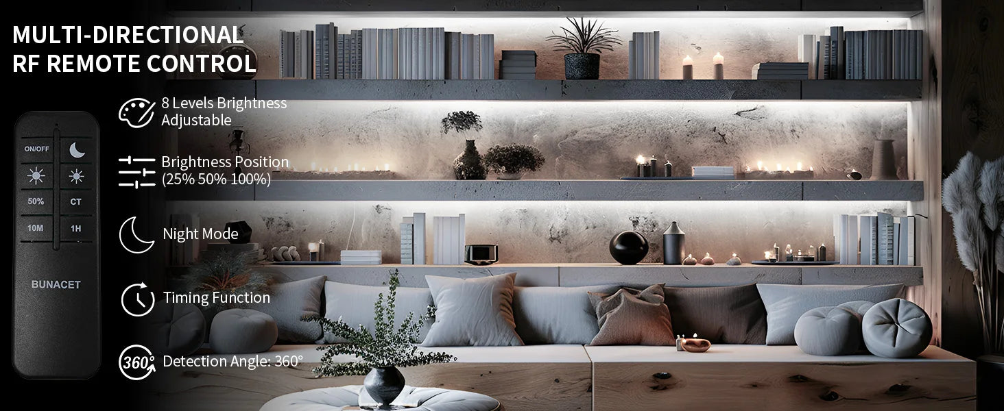 COB LED Strip Light 12m/roll Warm White 3000K 65000K High Lumen CRI 90+ with RF Remote for Bedroom Counter Under Cabinet Kitchen