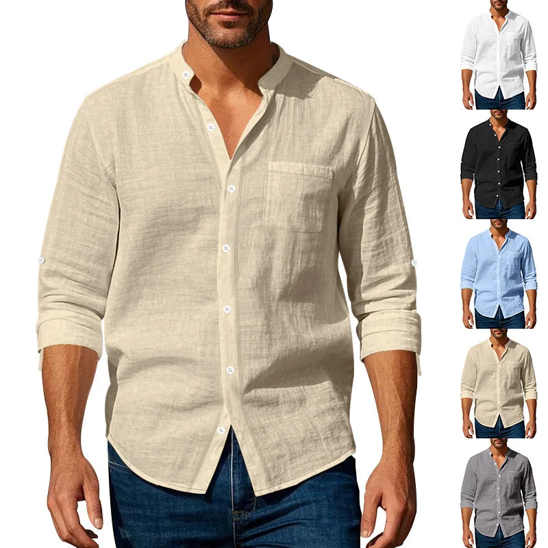 Men's Linen Mandarin Collar Shirt - Breathable Wrinkle-Free New Chinese Style with Pocket (Beige/Black/White, S-XXXL) Wholesale