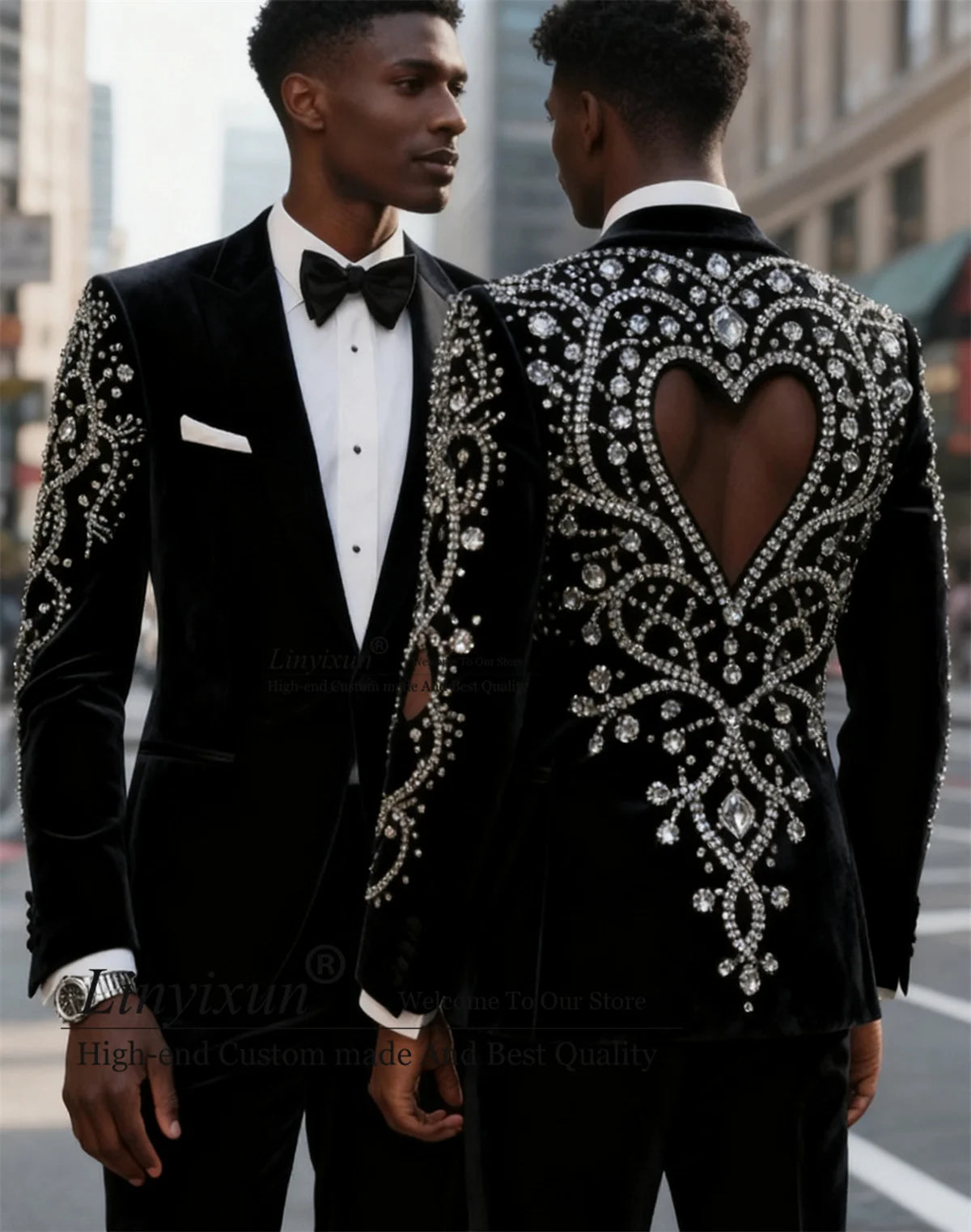 Fashion Velvet Men Suits Customized Sparkly Diamond Rhinstone Ropa Blazer 2 Pieces Sets Groom Wedding Tuxedos Slim Costume Homme