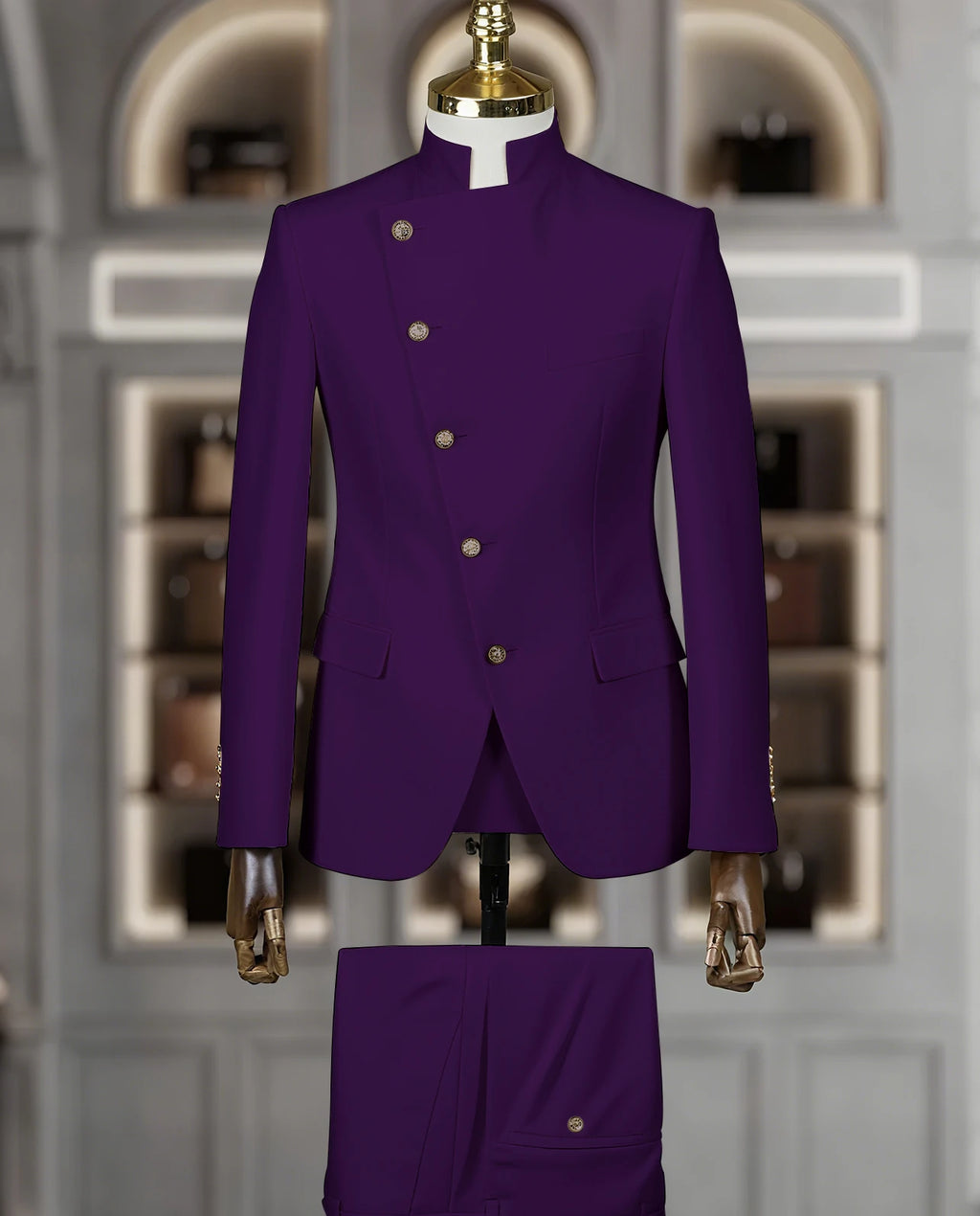 Fashion Stand Collar Men Suits 2 Piece Formal Single Breasted Smart Casual Outfits Solid Color Chic Wedding Party Slim Male Suit