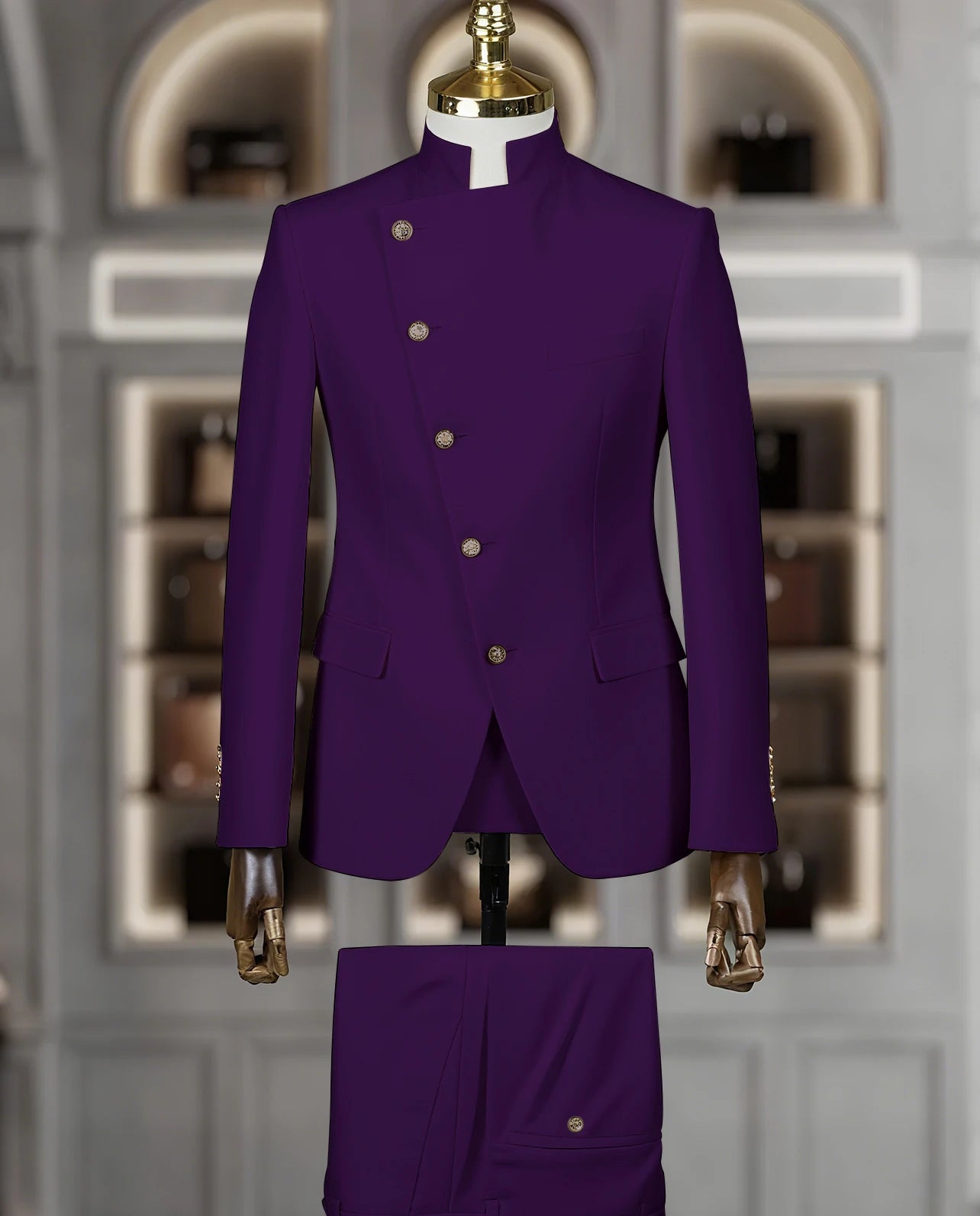 Fashion Stand Collar Men Suits 2 Piece Formal Single Breasted Smart Casual Outfits Solid Color Chic Wedding Party Slim Male Suit