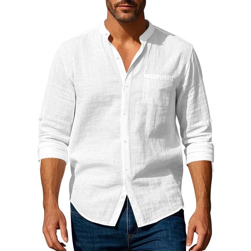 Men's Linen Mandarin Collar Shirt - Breathable Wrinkle-Free New Chinese Style with Pocket (Beige/Black/White, S-XXXL) Wholesale