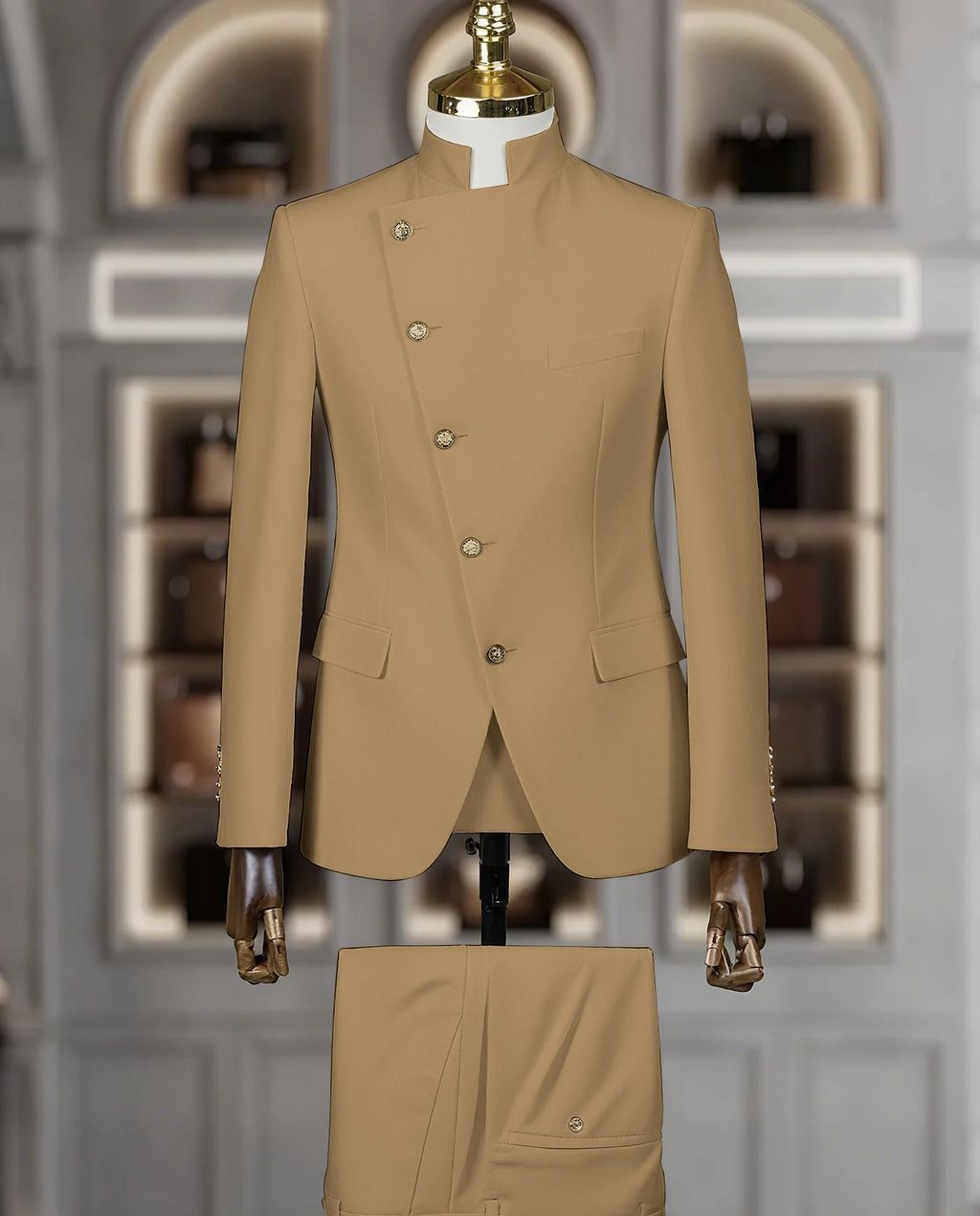 Fashion Stand Collar Men Suits 2 Piece Formal Single Breasted Smart Casual Outfits Solid Color Chic Wedding Party Slim Male Suit