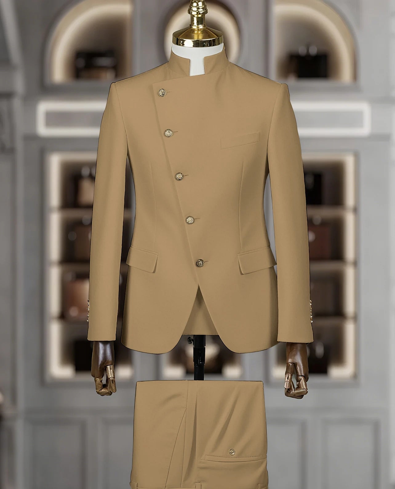 Fashion Stand Collar Men Suits 2 Piece Formal Single Breasted Smart Casual Outfits Solid Color Chic Wedding Party Slim Male Suit