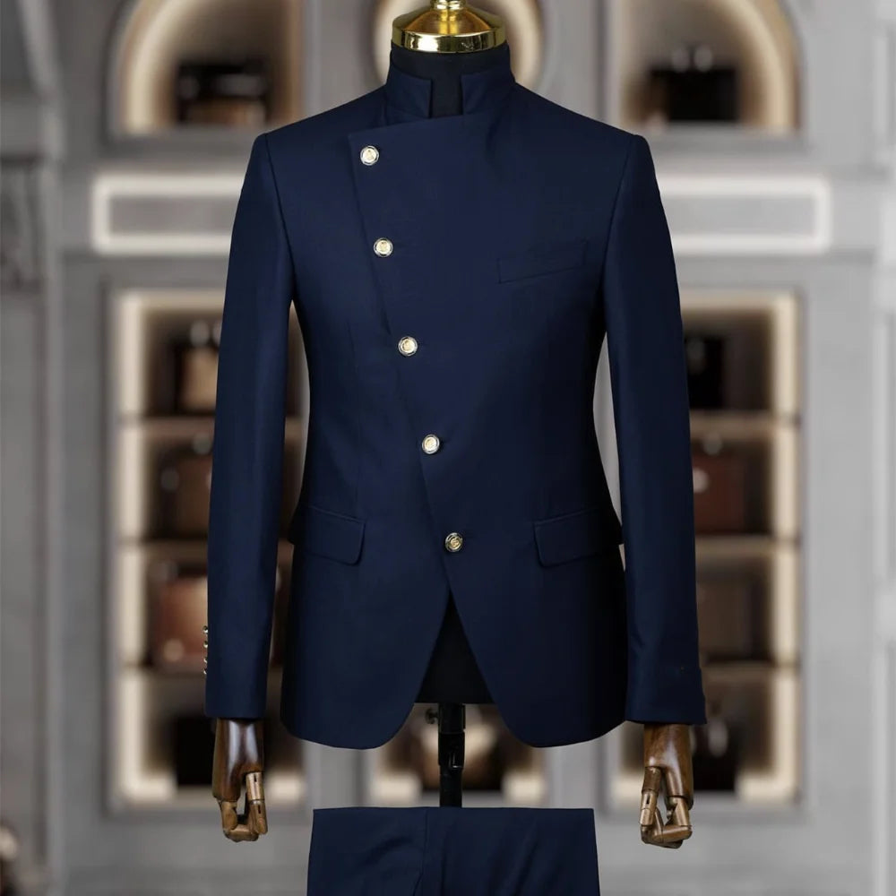 Fashion Stand Collar Men Suits 2 Piece Formal Single Breasted Smart Casual Outfits Solid Color Chic Wedding Party Slim Male Suit