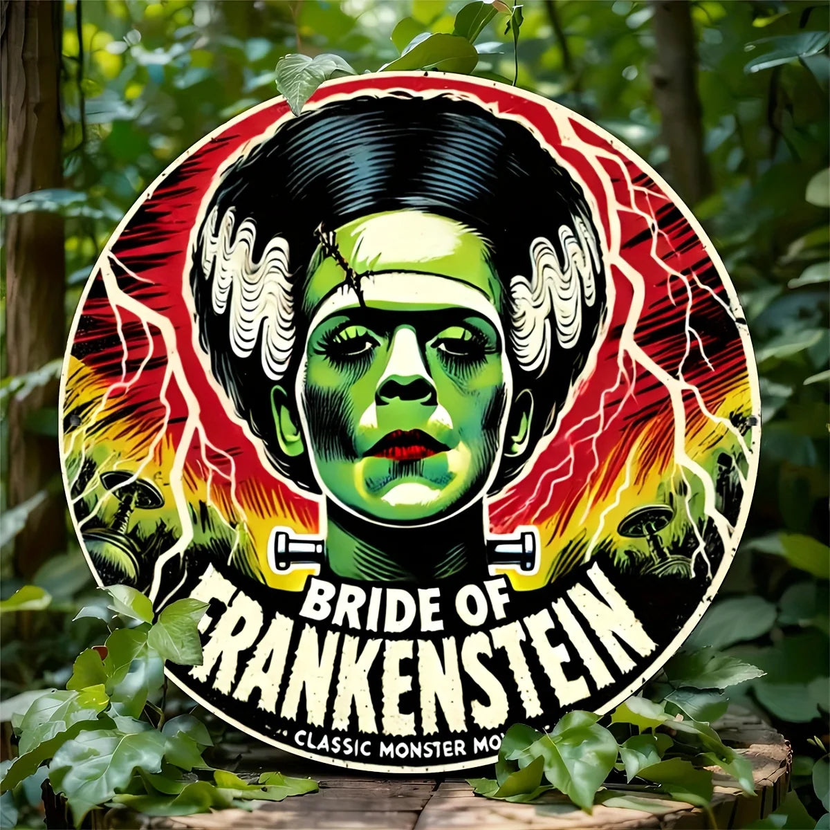 "Vintage 'Bride of Frankenstein' Aluminum Sign - 7.8x7.8in Retro Wall Art for Home, Room, Bar, Garage Decor"