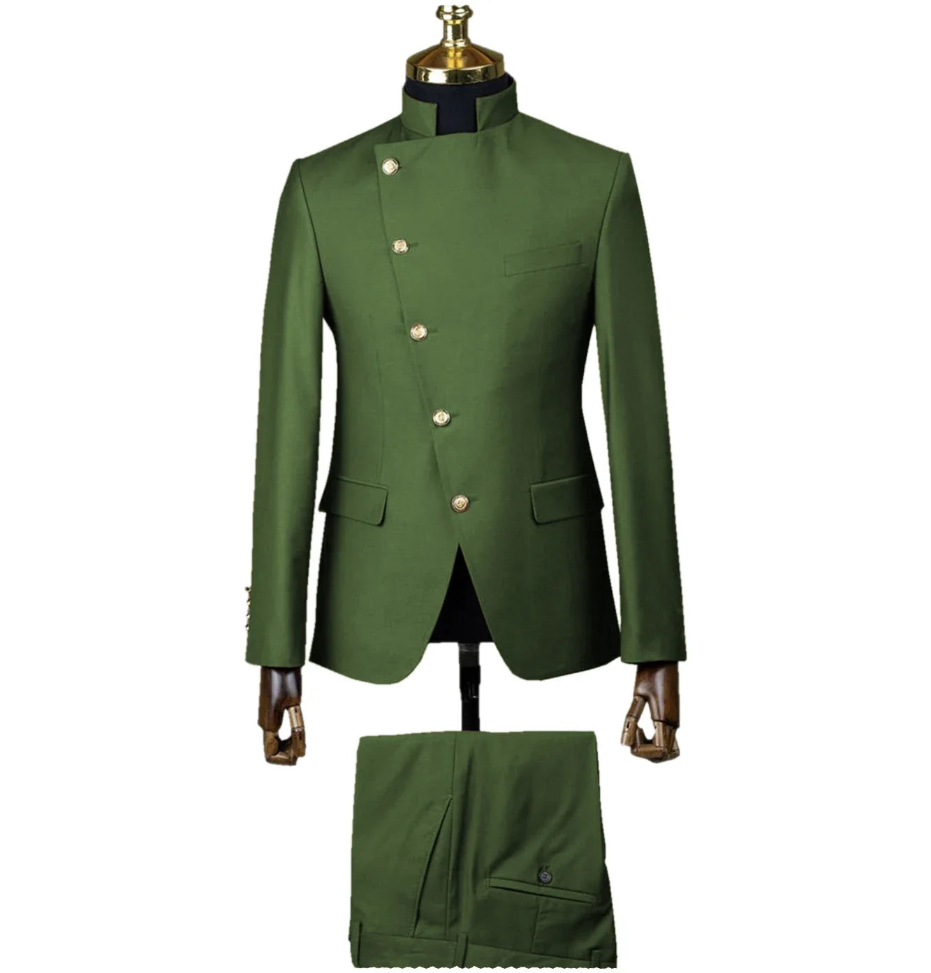 Fashion Stand Collar Men Suits 2 Piece Formal Single Breasted Smart Casual Outfits Solid Color Chic Wedding Party Slim Male Suit