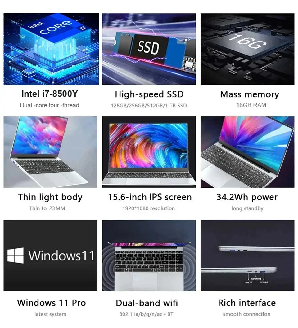 2025 laptop 15.6 Inch Laptop Windows 11 Intel Core i7 8500Y 16GB RAM 1TB SSD Fingerprint Unlock Study Office Pc Laptops Computer