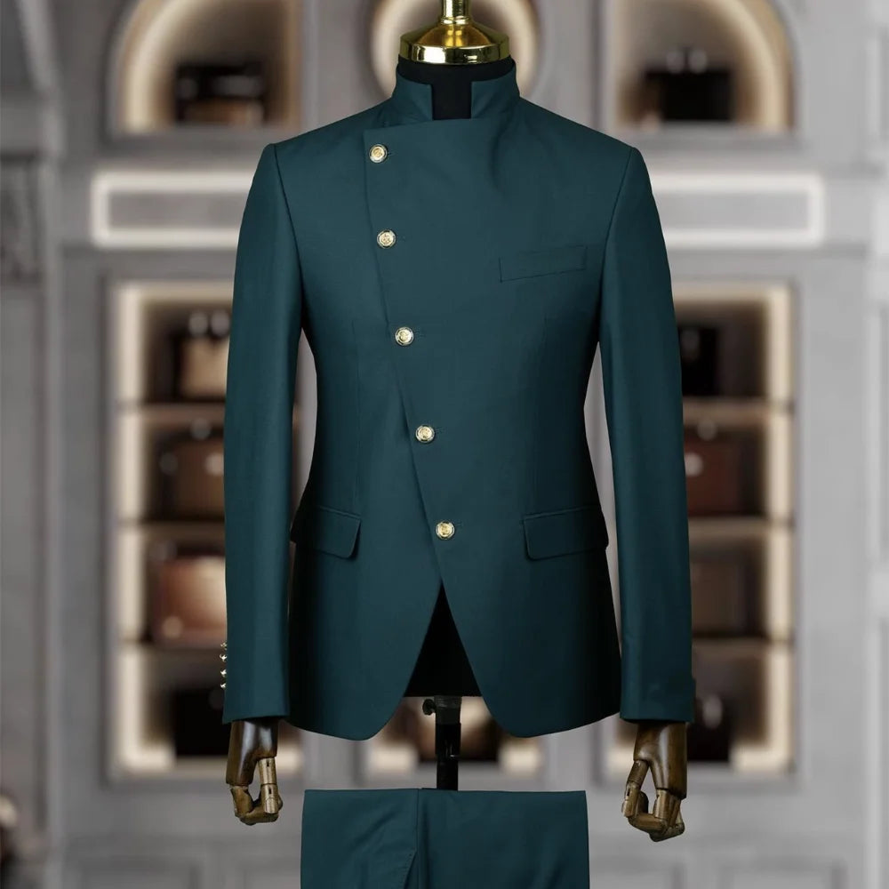 Fashion Stand Collar Men Suits 2 Piece Formal Single Breasted Smart Casual Outfits Solid Color Chic Wedding Party Slim Male Suit