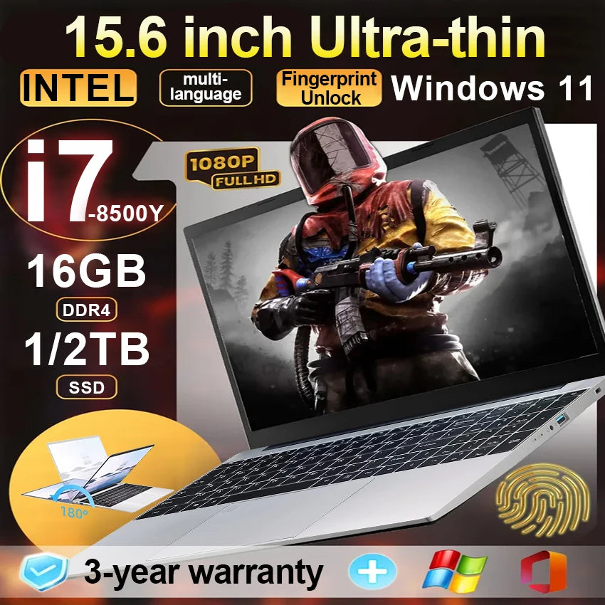 2025 laptop 15.6 Inch Laptop Windows 11 Intel Core i7 8500Y 16GB RAM 1TB SSD Fingerprint Unlock Study Office Pc Laptops Computer