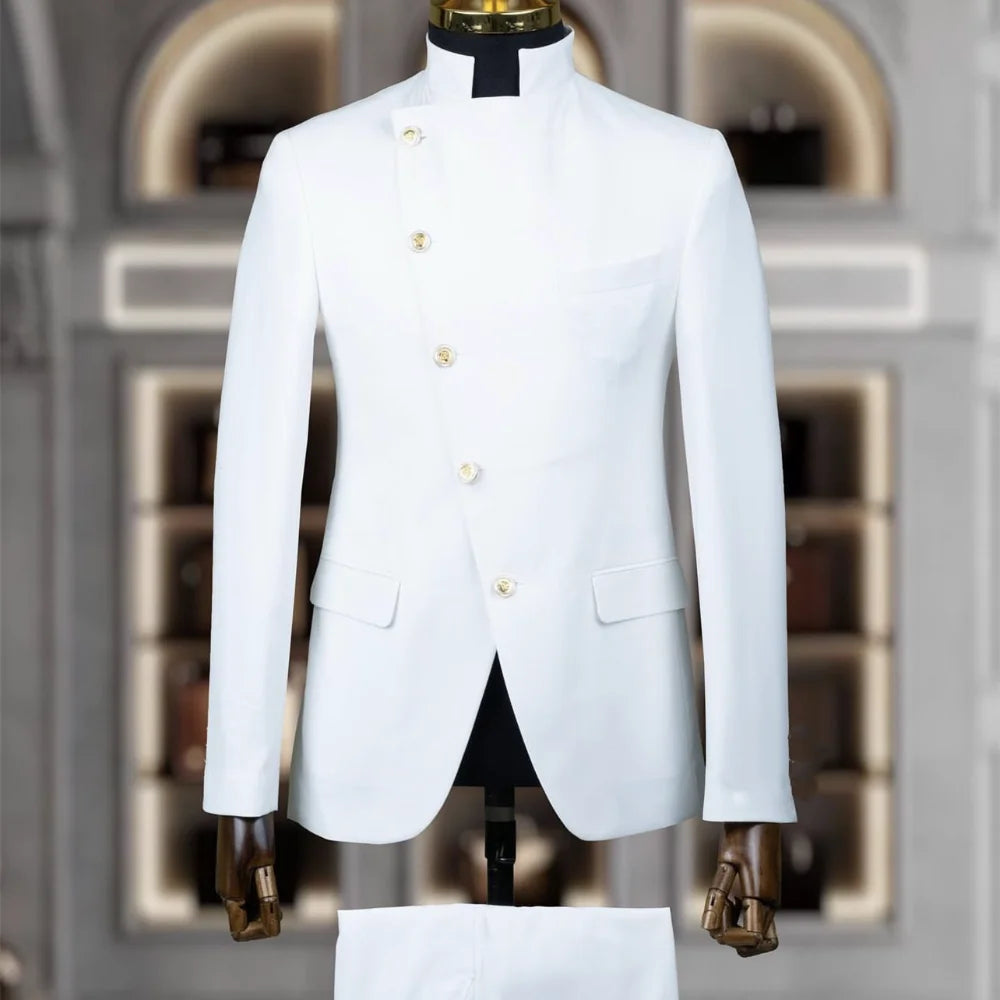 Fashion Stand Collar Men Suits 2 Piece Formal Single Breasted Smart Casual Outfits Solid Color Chic Wedding Party Slim Male Suit