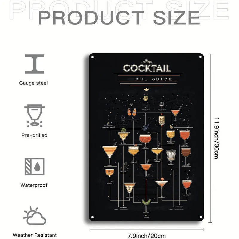 8X12 Inch Iron Wall Art - Retro Cocktail Guide Poster Decorated in Home Bar Coffee Shop Durable and Easy Hanging Metal Signs