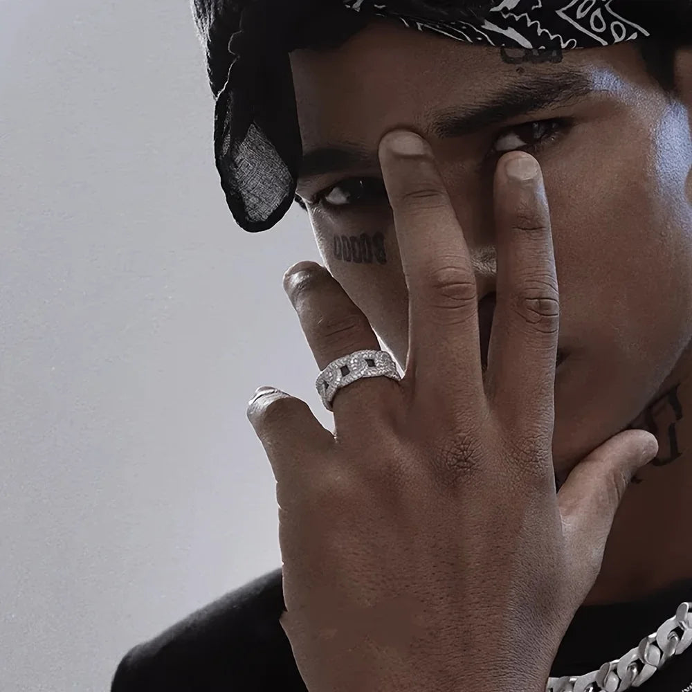 1pc S925 Silver Inlaid 4.2CT Moissan Double Line Cuban Ring, Hip Hop Rings for Men and Women, Eternity Band Rings, Moissan Gemst