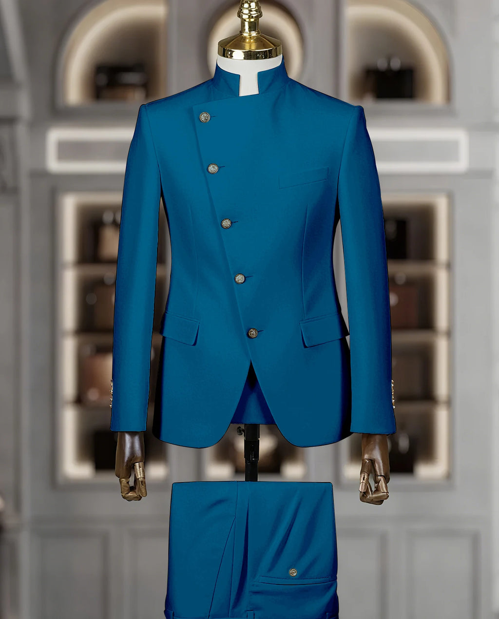 Fashion Stand Collar Men Suits 2 Piece Formal Single Breasted Smart Casual Outfits Solid Color Chic Wedding Party Slim Male Suit