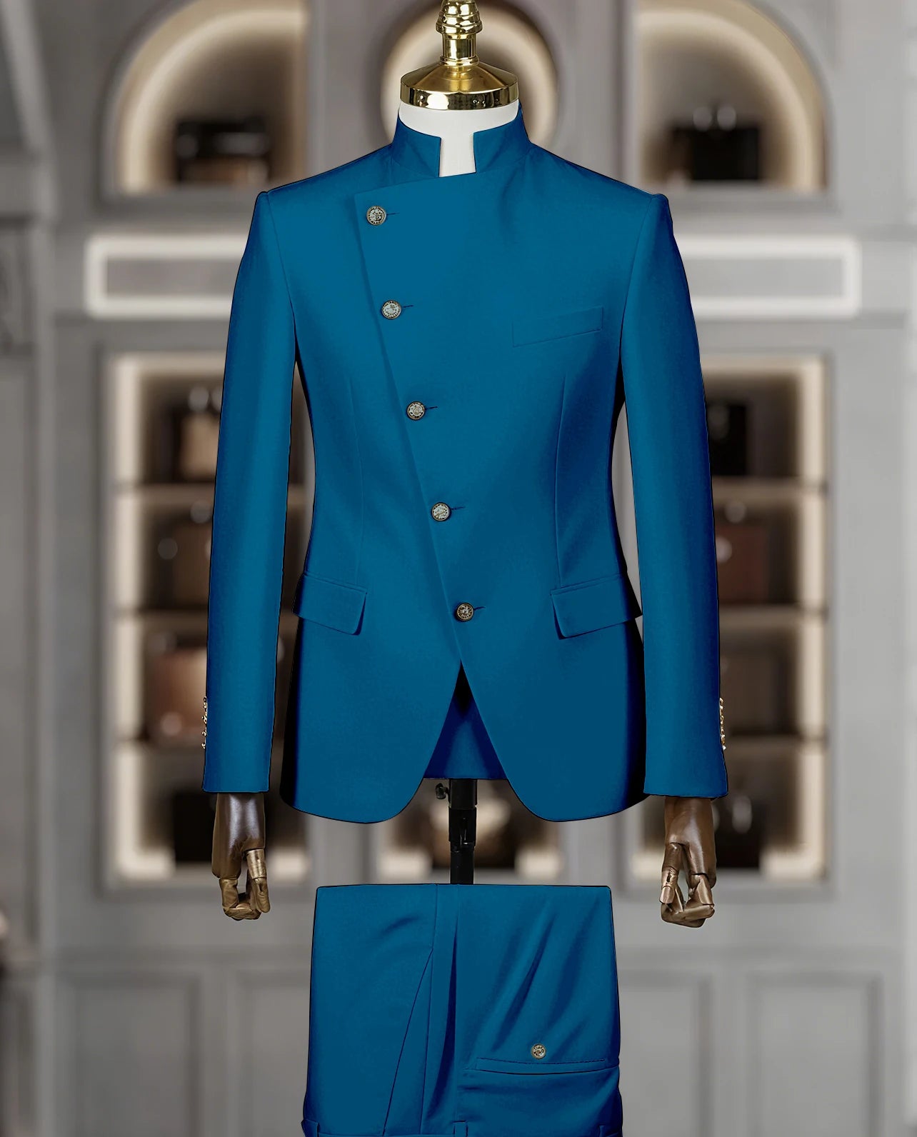 Fashion Stand Collar Men Suits 2 Piece Formal Single Breasted Smart Casual Outfits Solid Color Chic Wedding Party Slim Male Suit