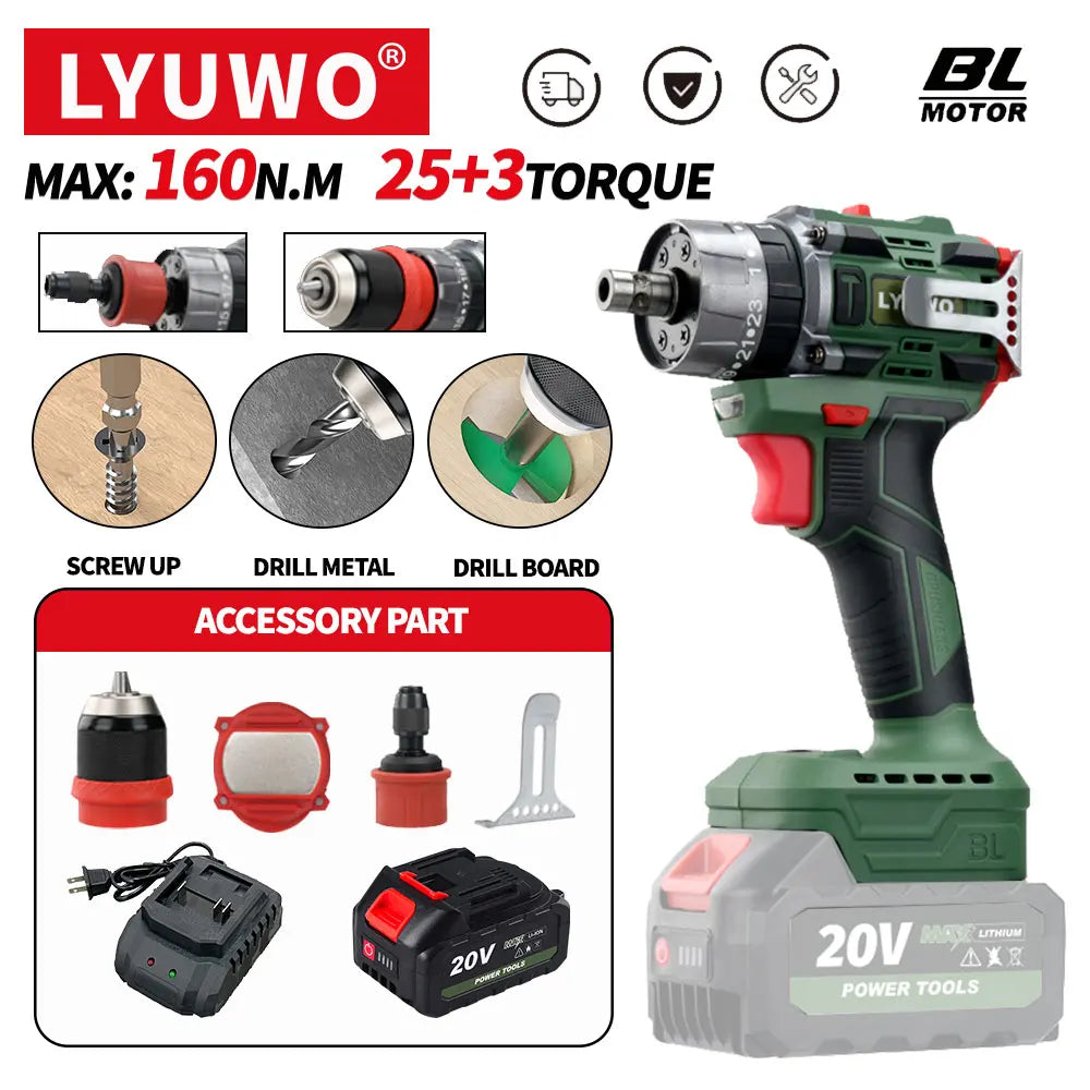 LYUWO 25+3 Brushless Impact Rechargeable Cordless Electric Screwdriver, Drill And Multifunctional LED Dual Speed Electric Tool - Heavenly shershelle