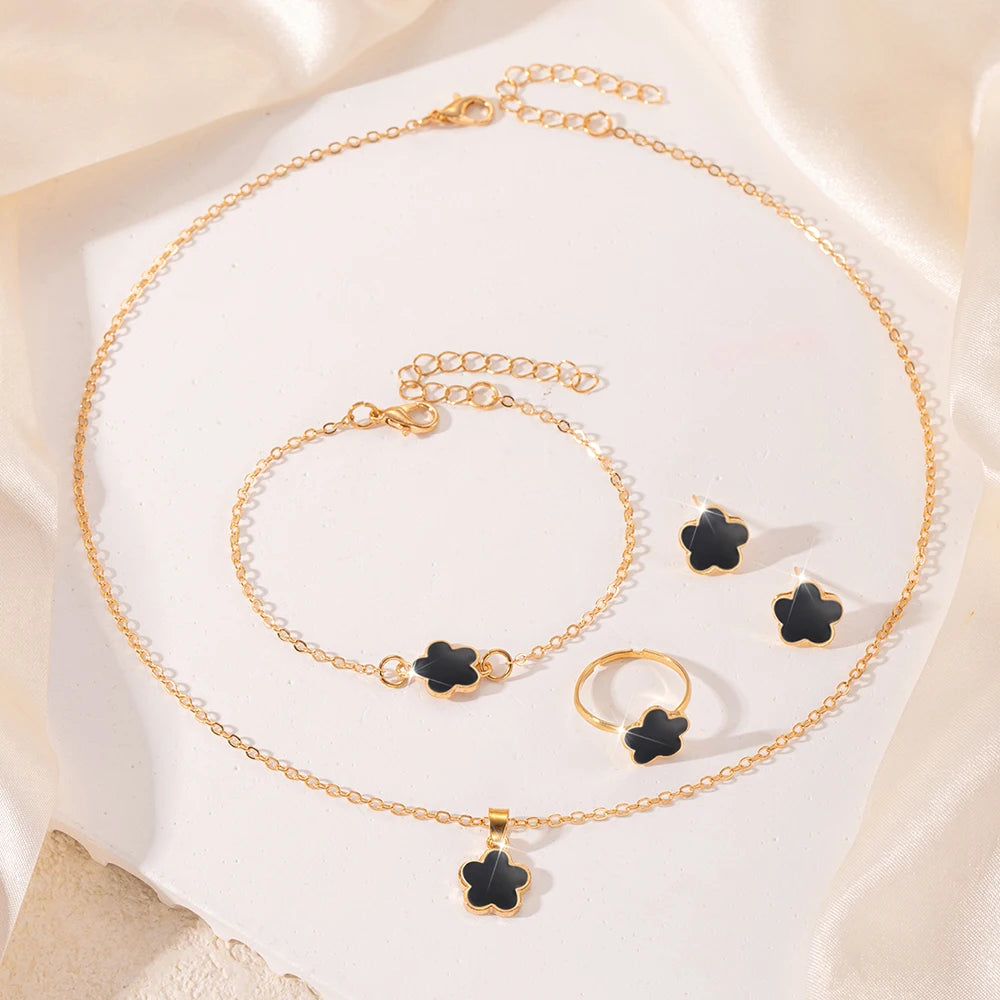 5pcs/set Stainless Steel Lucky Five Petal Flower Jewelry SetBracelet Necklace Earrings Jewelry Set, Perfect For Giving Gifts