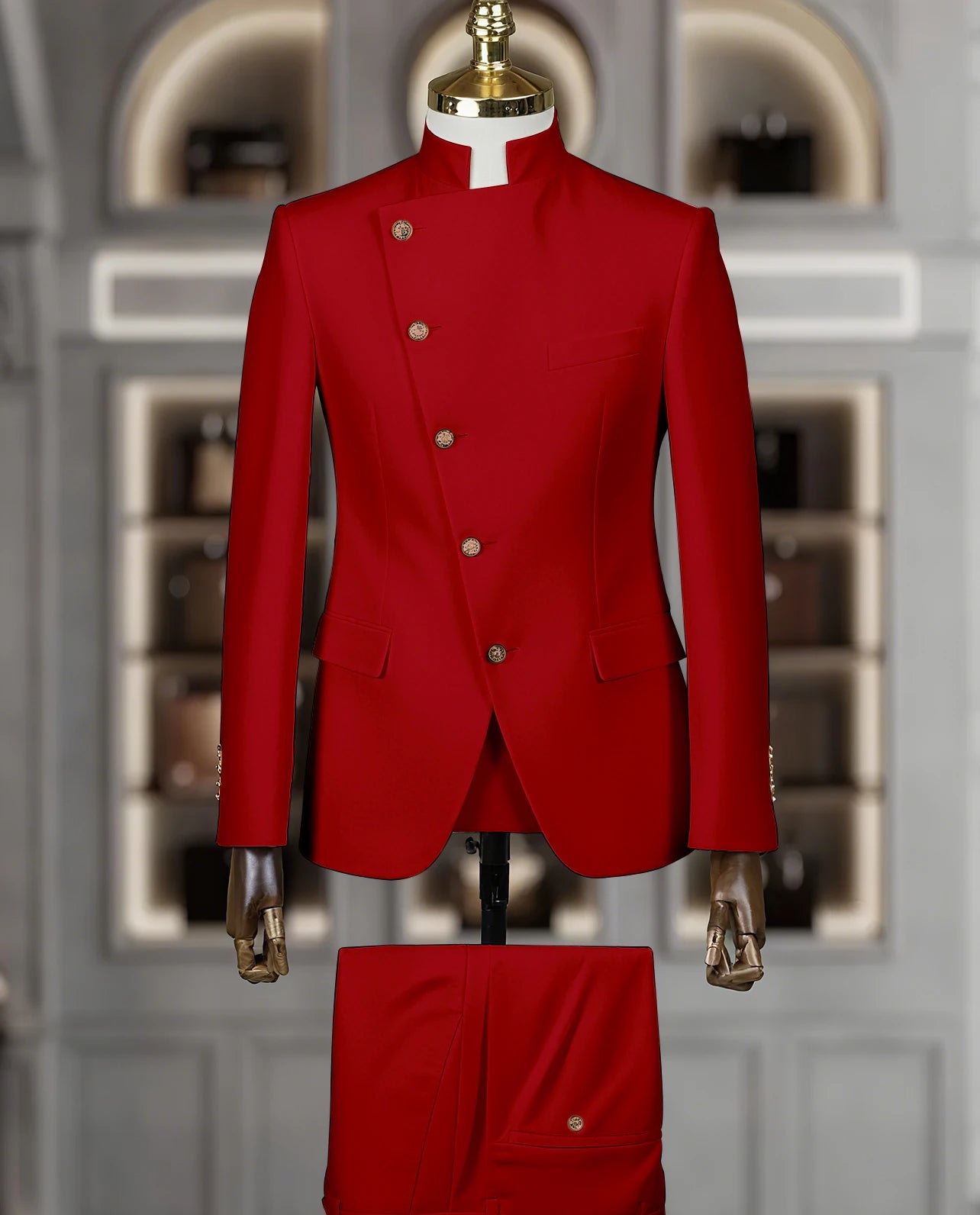 Fashion Stand Collar Men Suits 2 Piece Formal Single Breasted Smart Casual Outfits Solid Color Chic Wedding Party Slim Male Suit