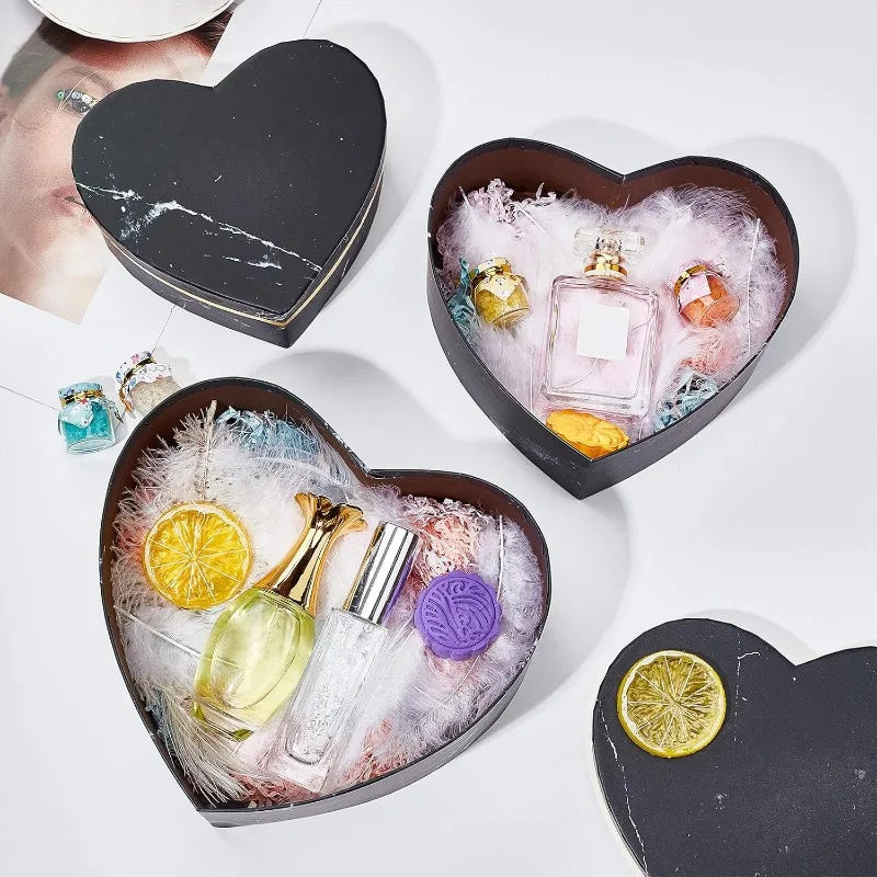 3 Mixed Size Black Heart-Shape Marble Cardboard Boxes Treat Favor Gift Box for Thanksgiving Valentine's Day Wedding - Black