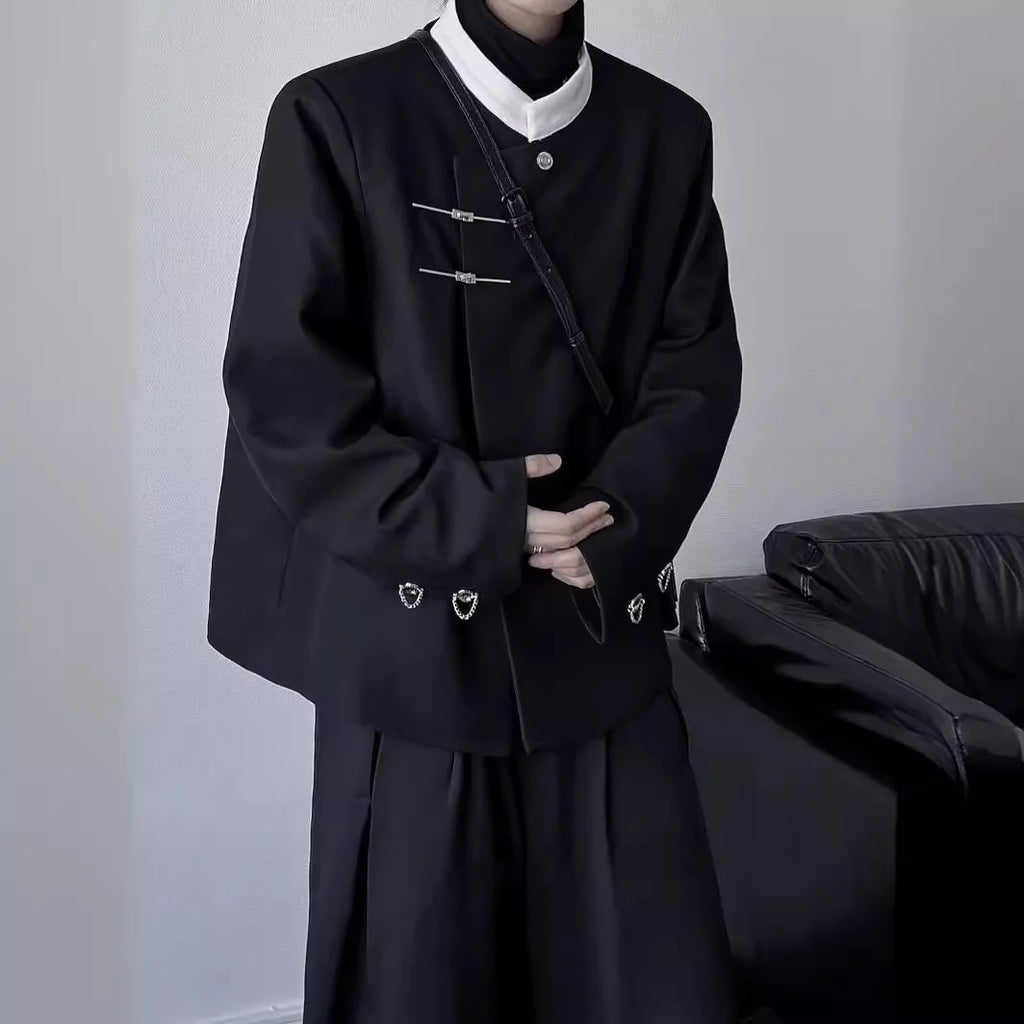 New Chinese Stand-up Collar Shoulder Pad Suit Jacket Autumn Men and Women Trendy Metal Buckle Casual