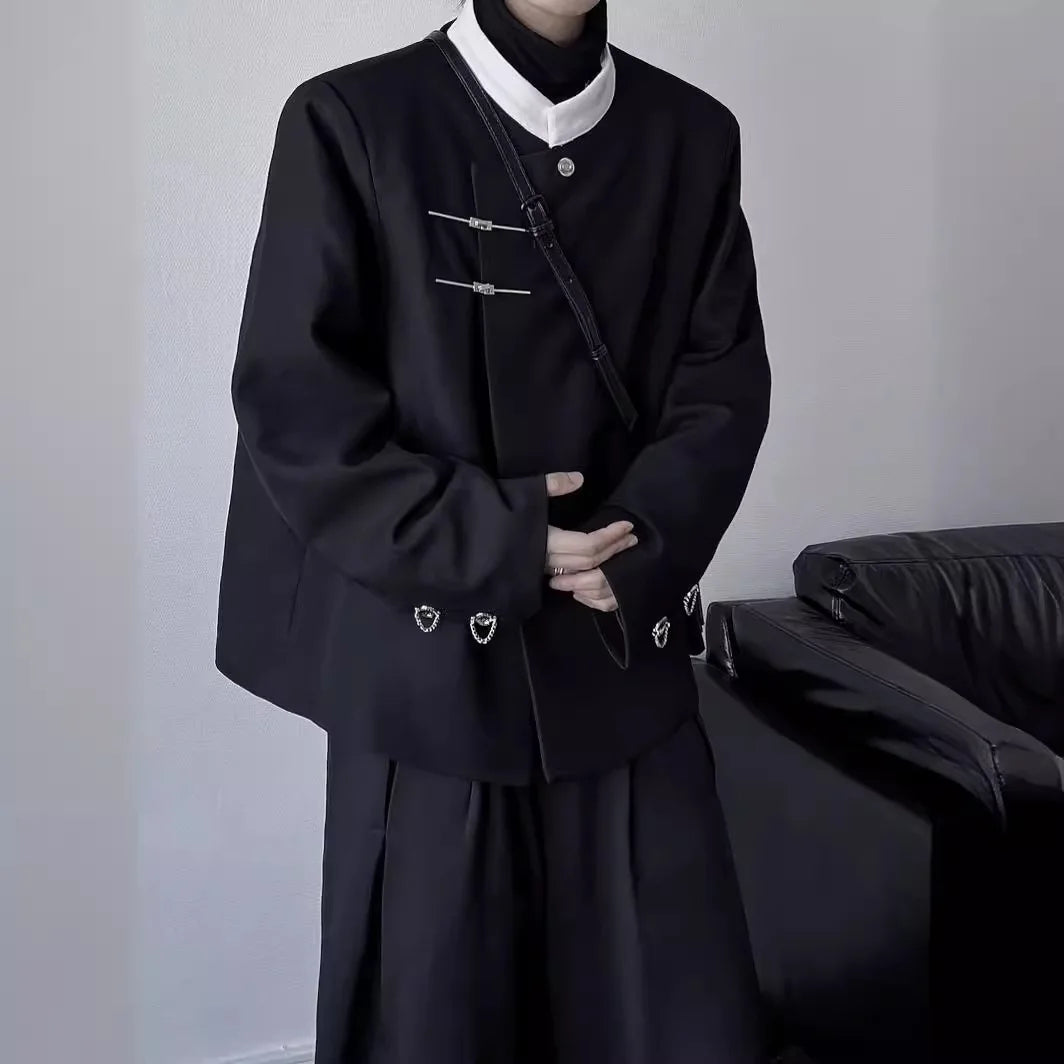 New Chinese Stand-up Collar Shoulder Pad Suit Jacket Autumn Men and Women Trendy Metal Buckle Casual