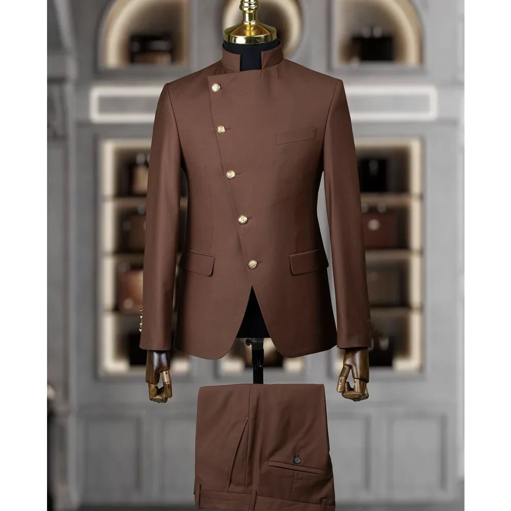 Fashion Stand Collar Men Suits 2 Piece Formal Single Breasted Smart Casual Outfits Solid Color Chic Wedding Party Slim Male Suit