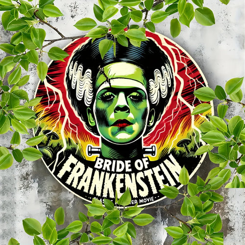 "Vintage 'Bride of Frankenstein' Aluminum Sign - 7.8x7.8in Retro Wall Art for Home, Room, Bar, Garage Decor"